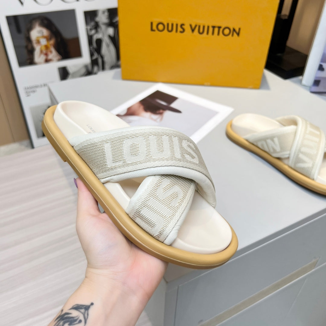 LV Off-White Leather Slide Sandal