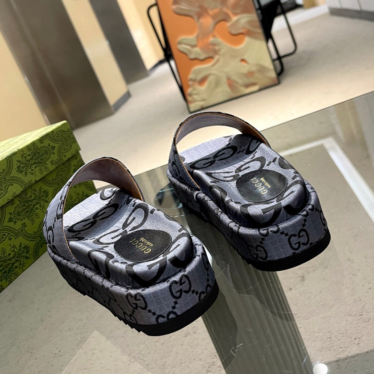 GG Platform Slider Sandal Gray with Print