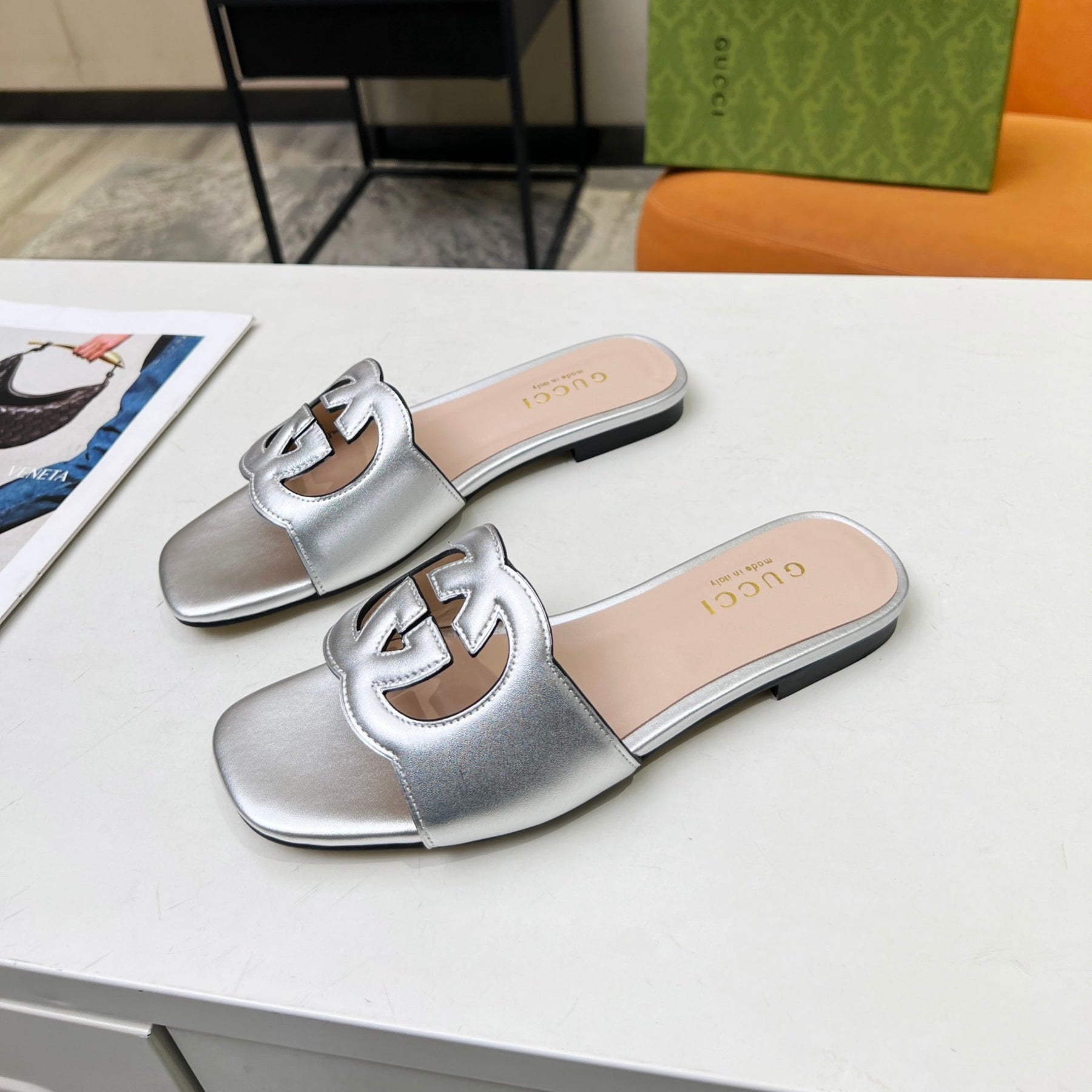 GG Leather Sandal with GG Silver Interlocking