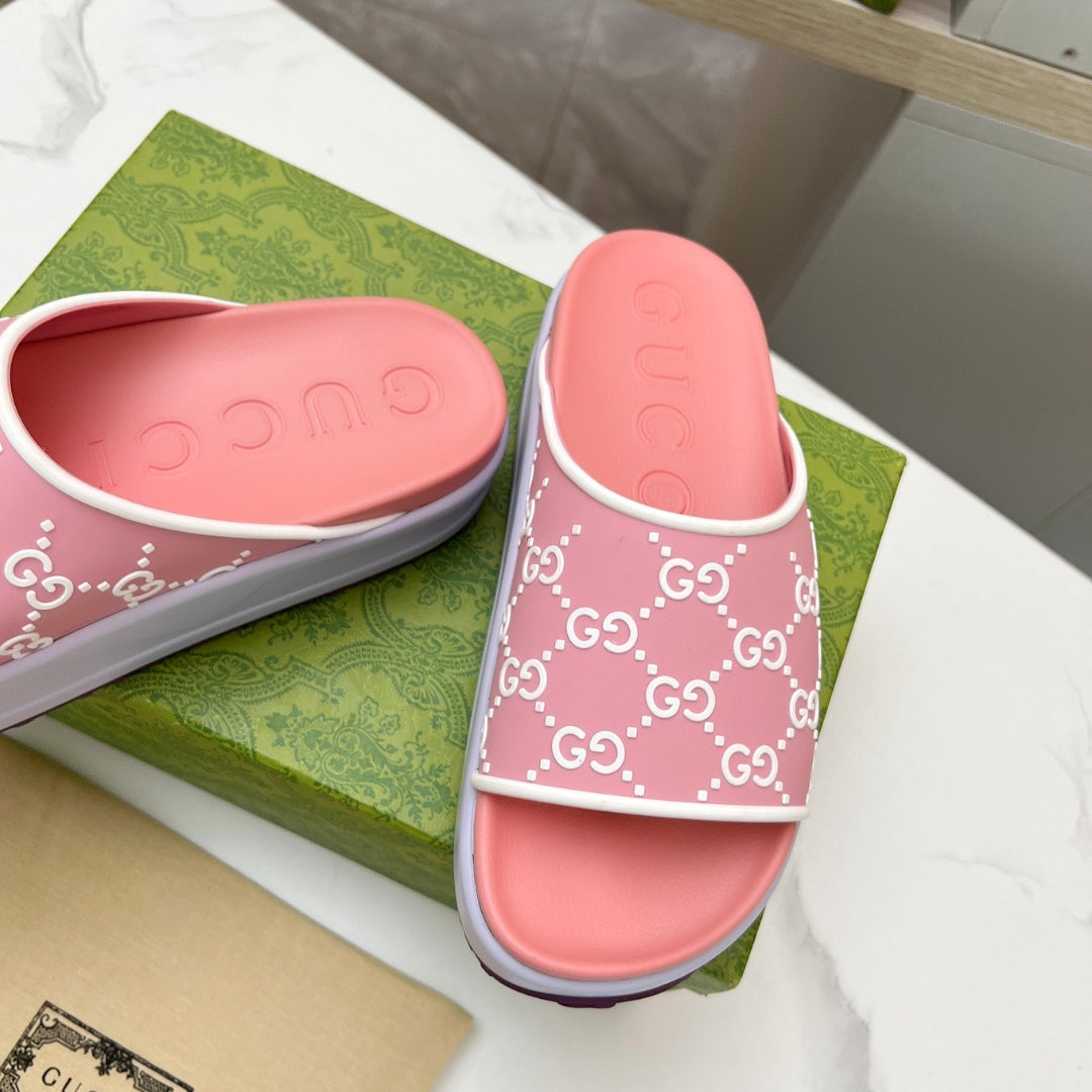 Slide Flip Flops GG Pink and Lilac Canvas White Details