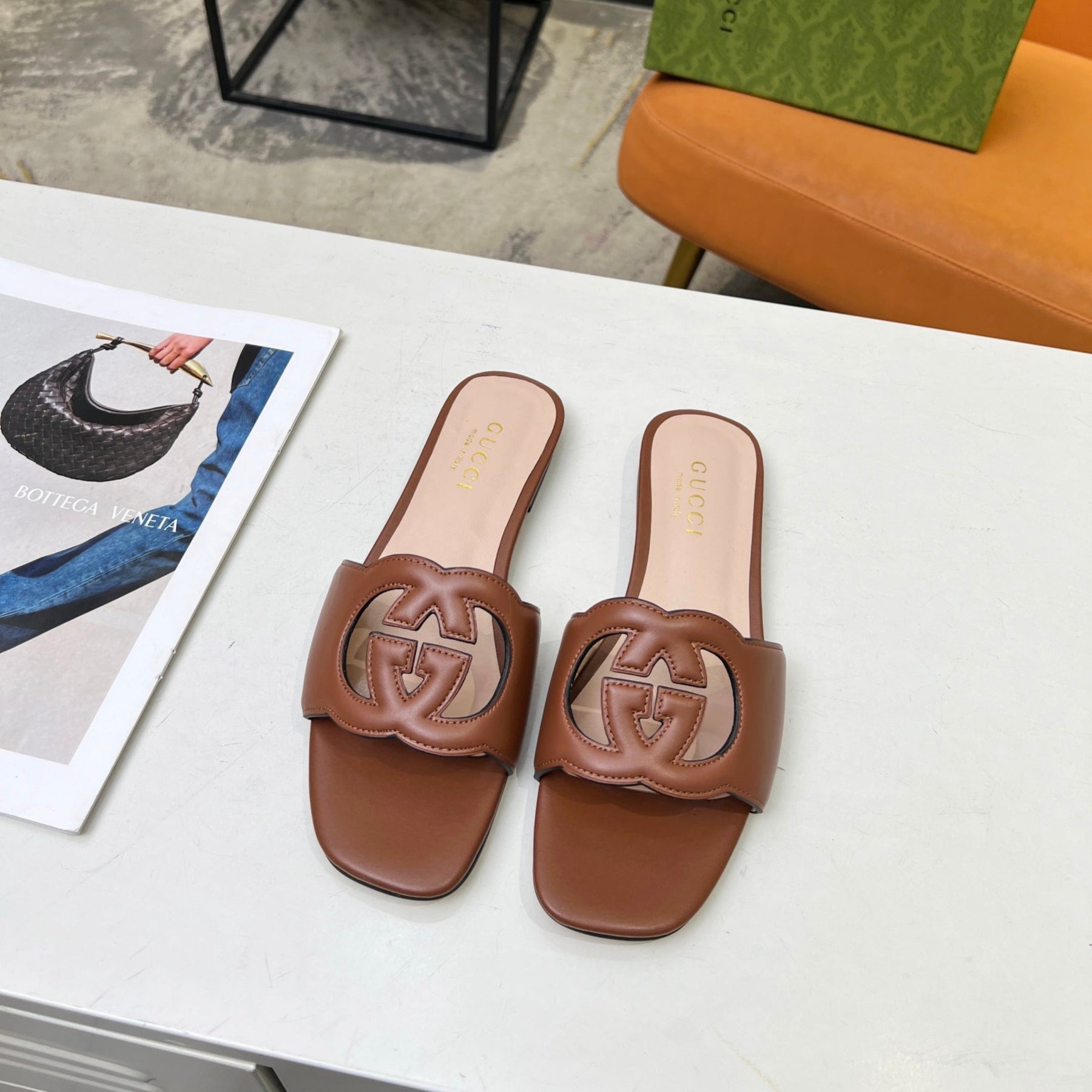 GG Leather Sandal with GG Interlocking Brown