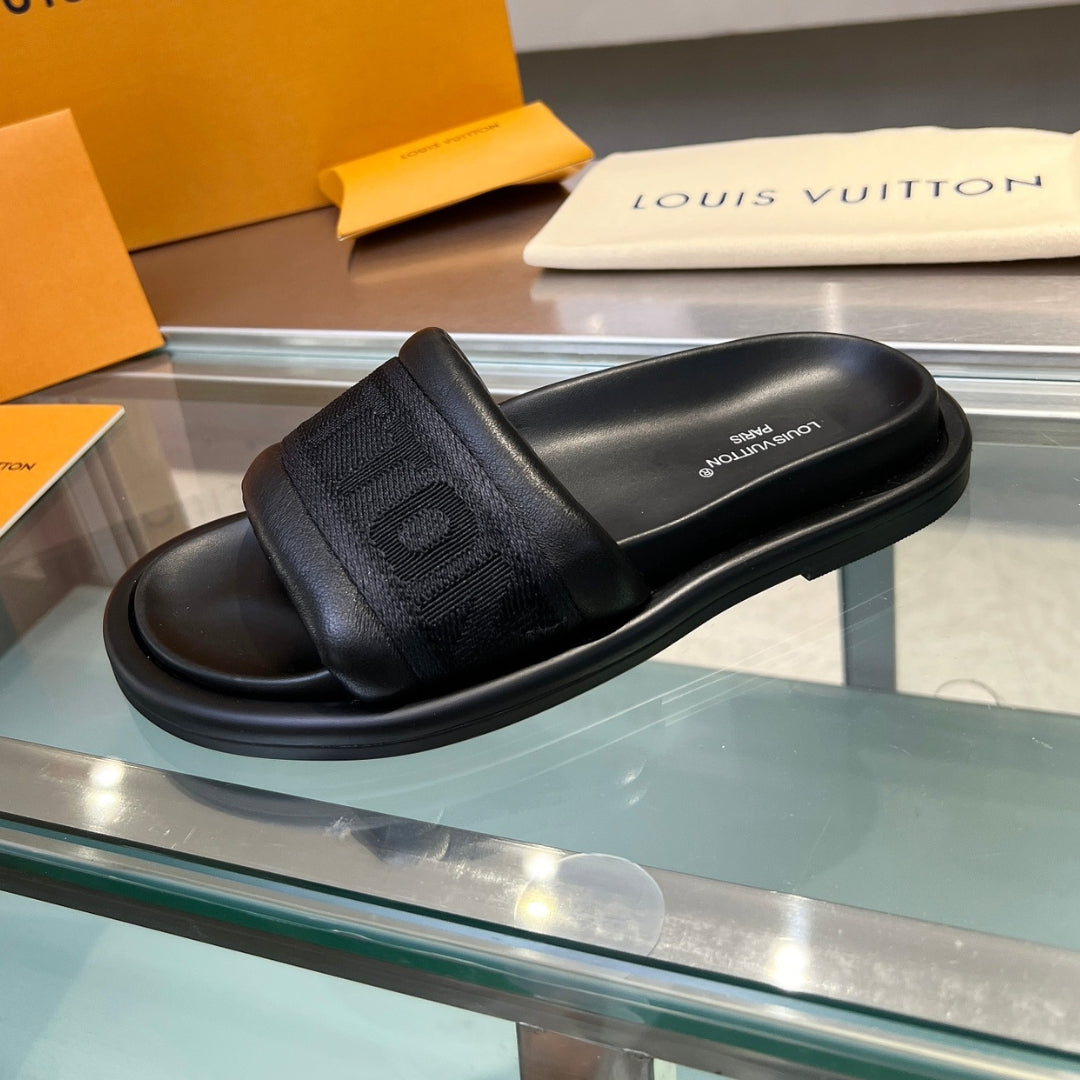 LV Black #4 Leather Slide Sandal