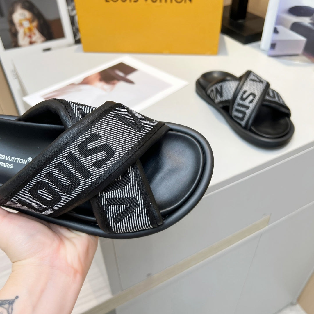 LV Black #2 Leather Slide Sandal
