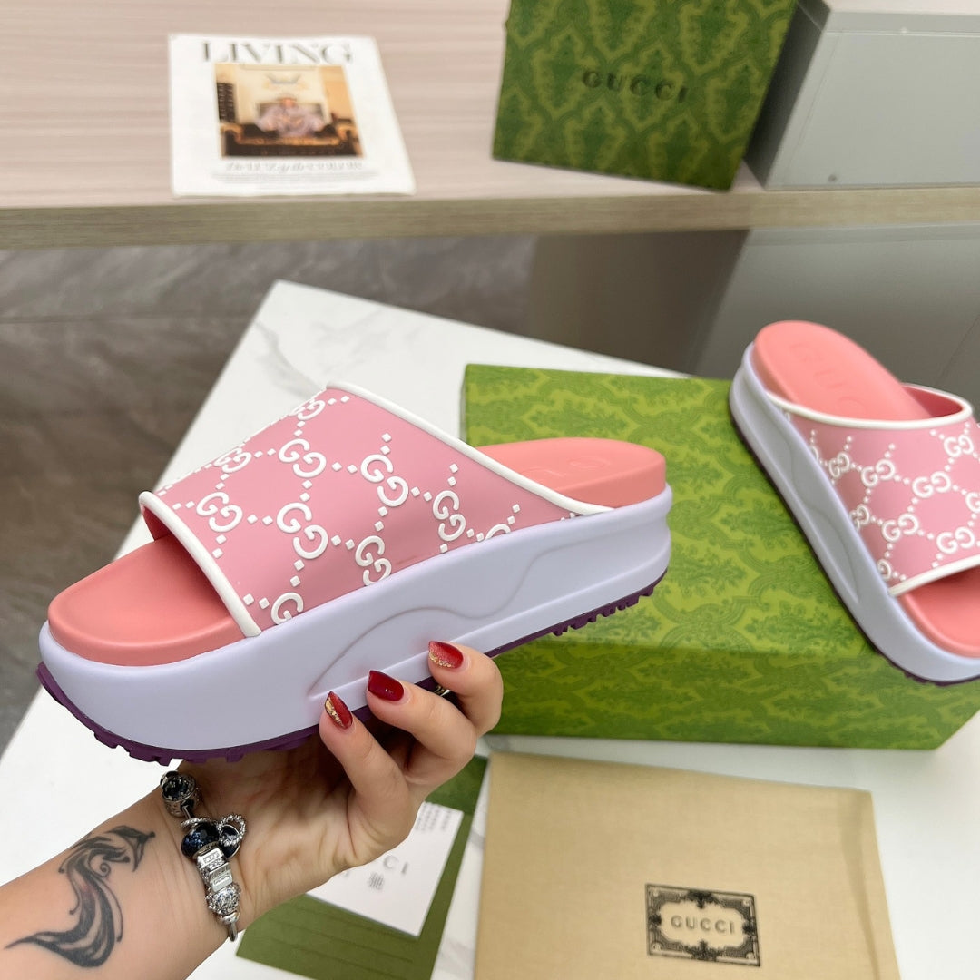 Slide Flip Flops GG Pink and Lilac Canvas White Details