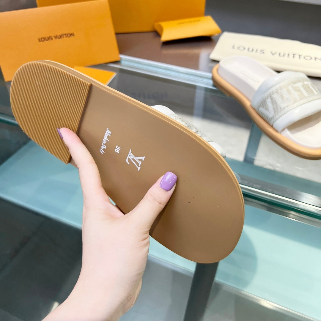 LV Off White 2 Leather Slide Sandal