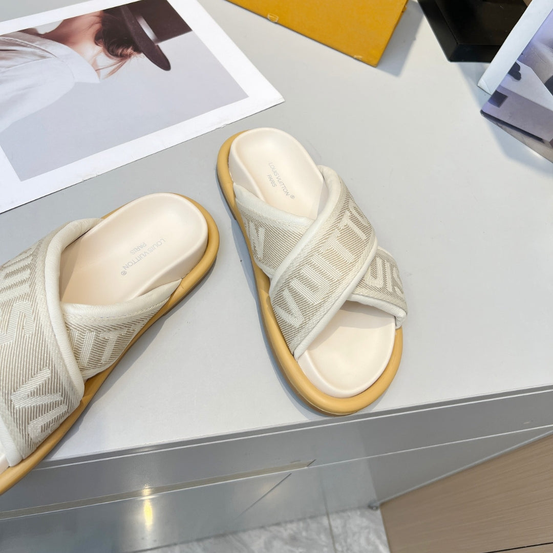 LV Off-White Leather Slide Sandal