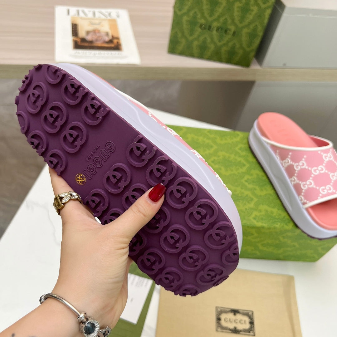 Slide Flip Flops GG Pink and Lilac Canvas White Details