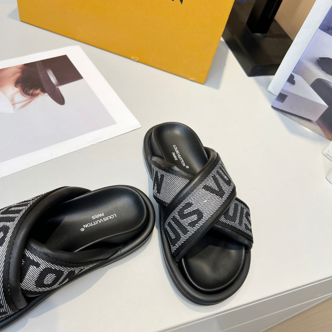 LV Black #2 Leather Slide Sandal