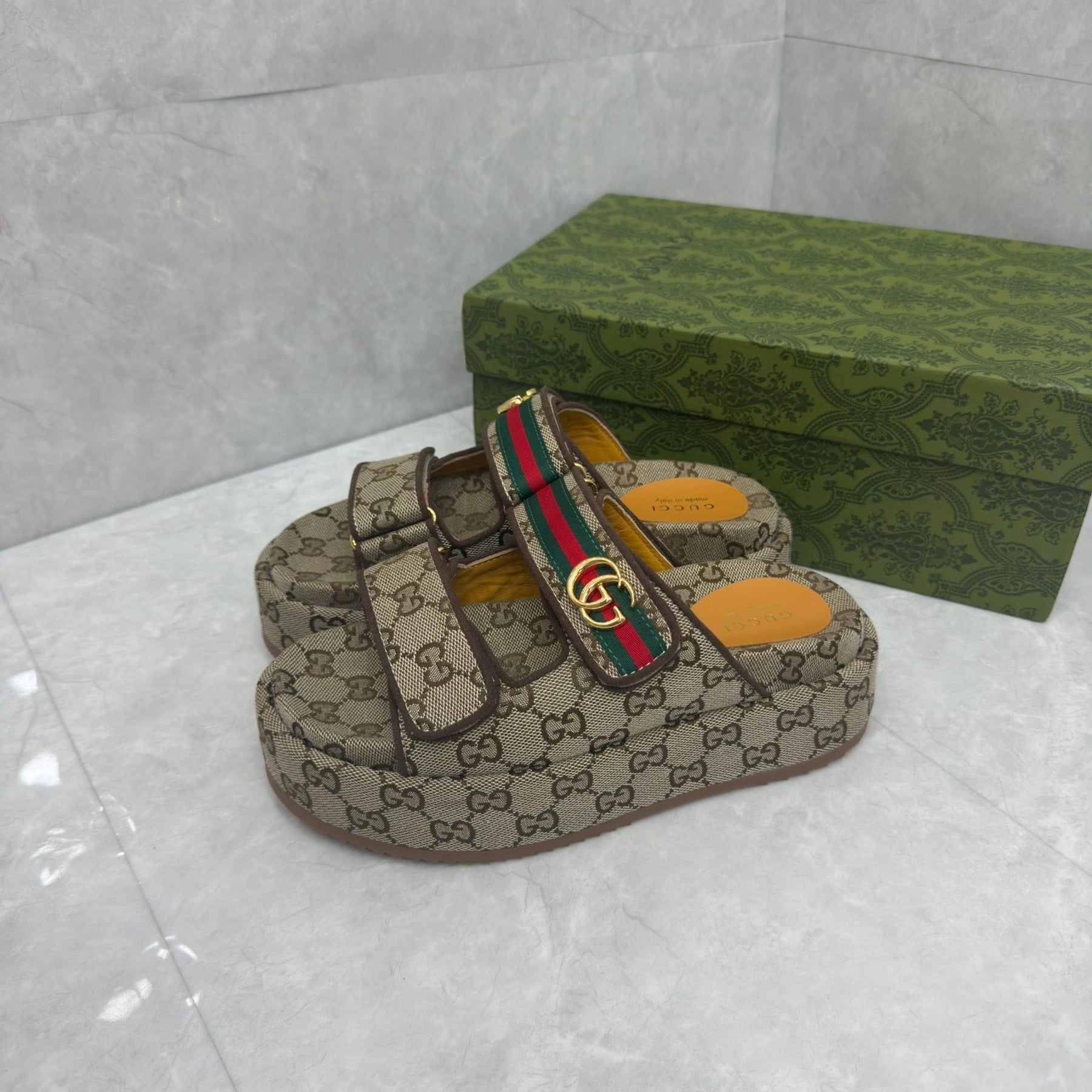 GG Platform Slider Sandal with Double Beige