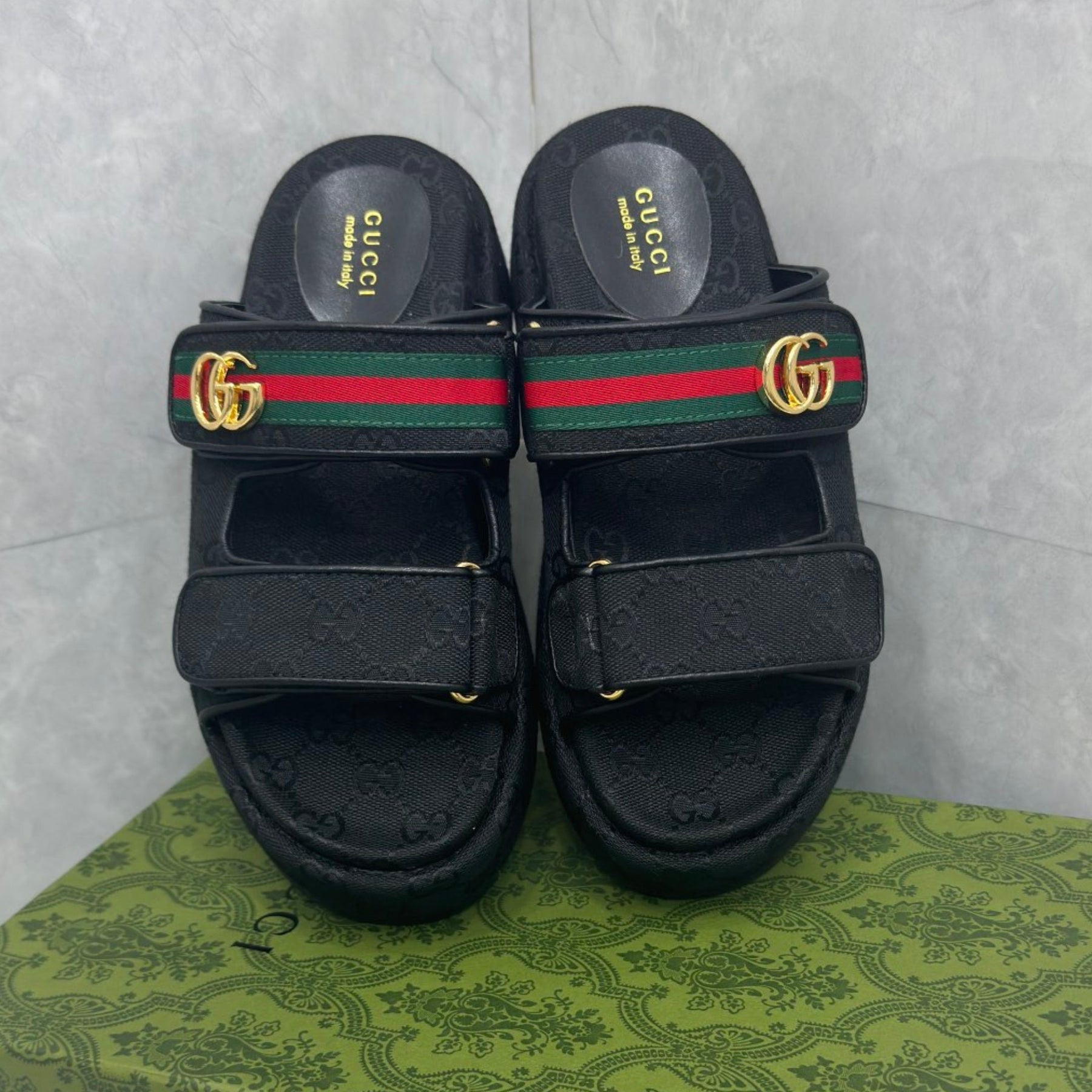 GG Platform Slider Sandal with Double in Black and Stripe