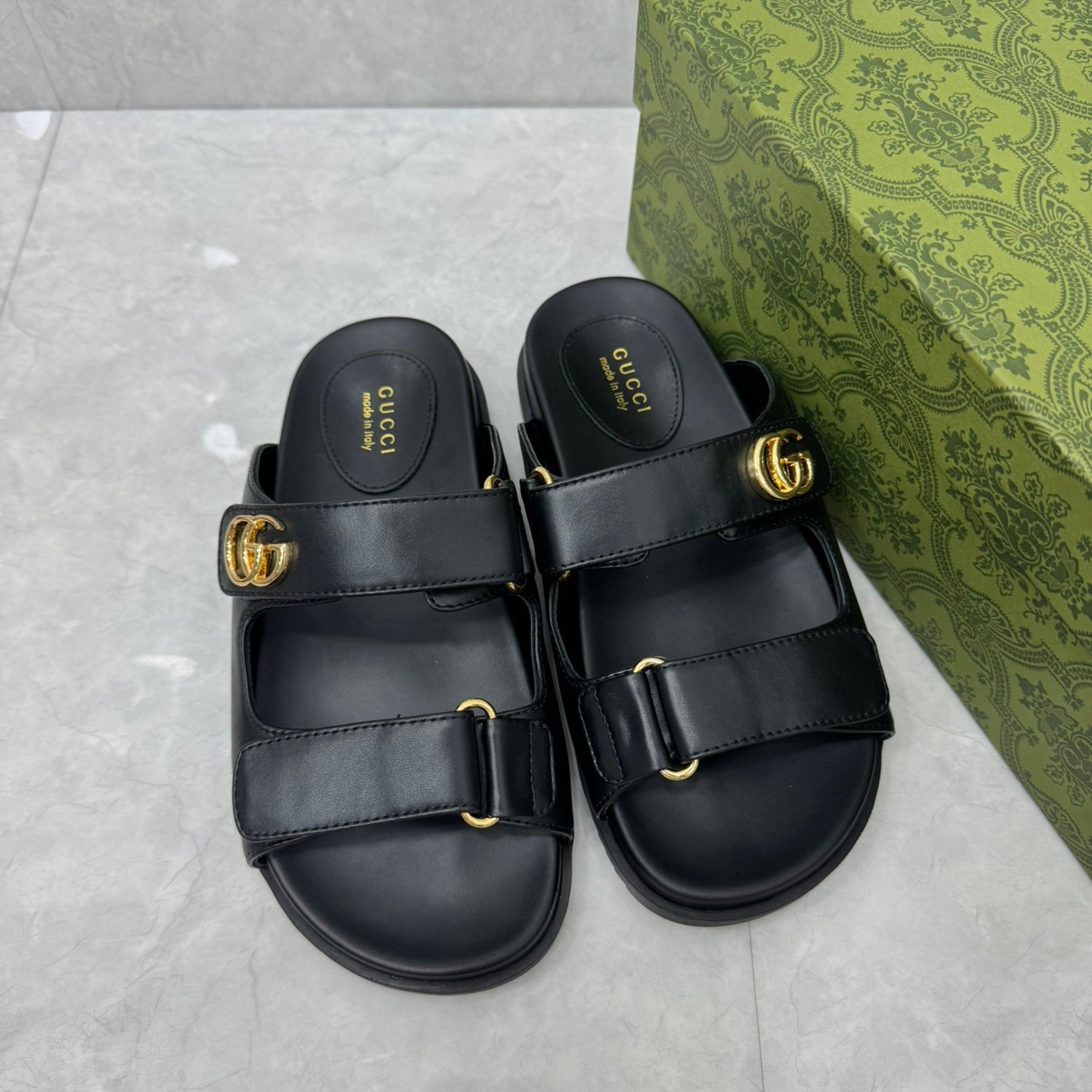 GG Slider Sandal with Double Black Leather