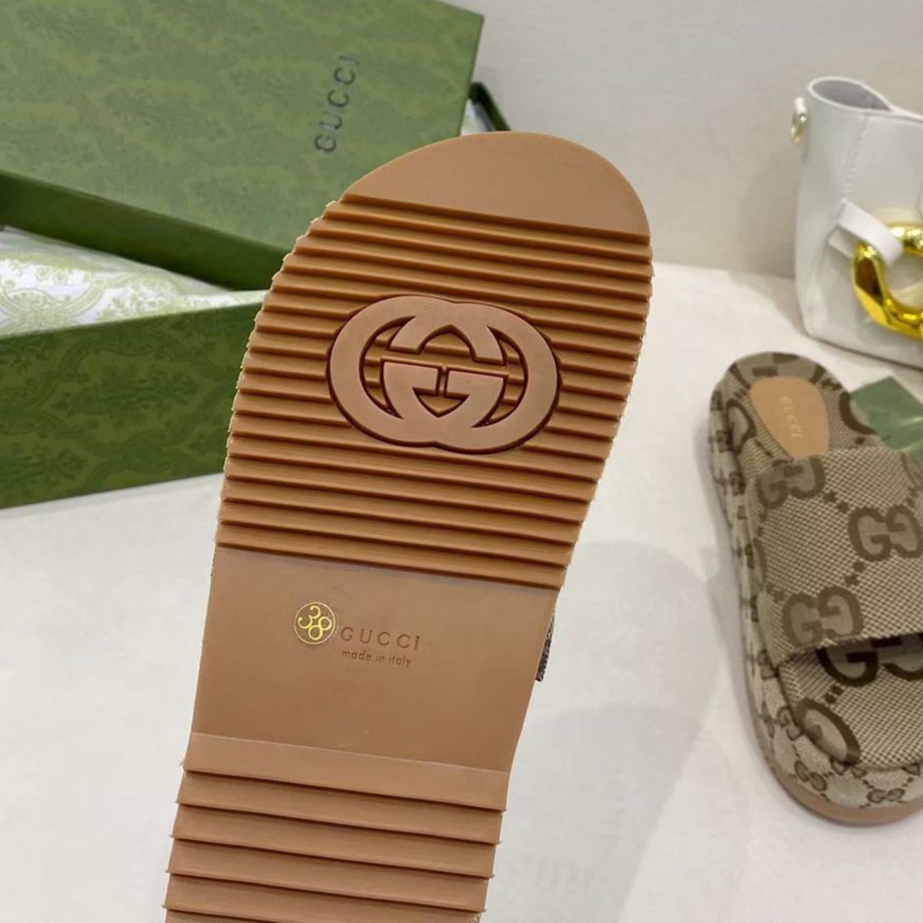 GG Platform Slider Sandal with Beige Print
