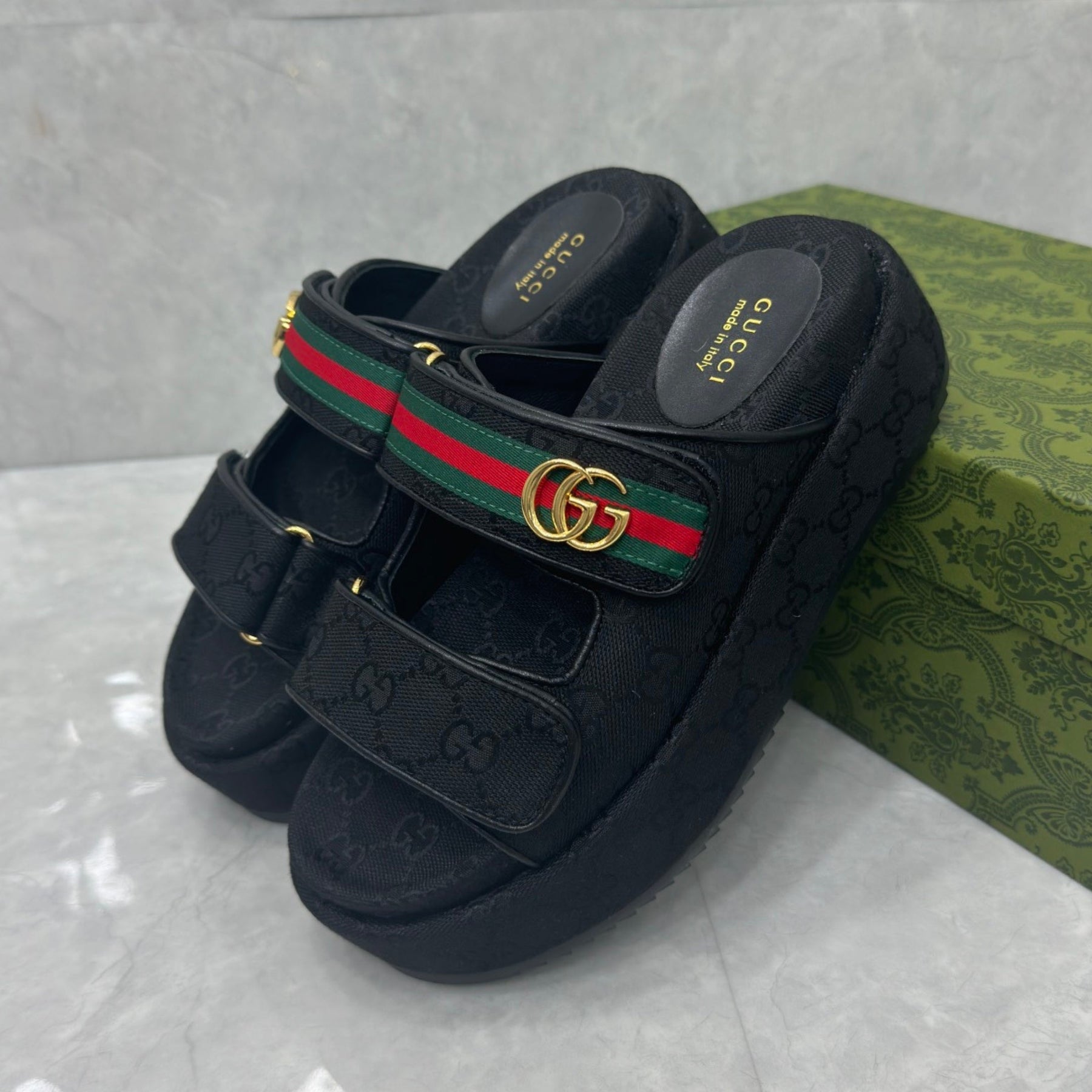 GG Platform Slider Sandal with Double in Black and Stripe