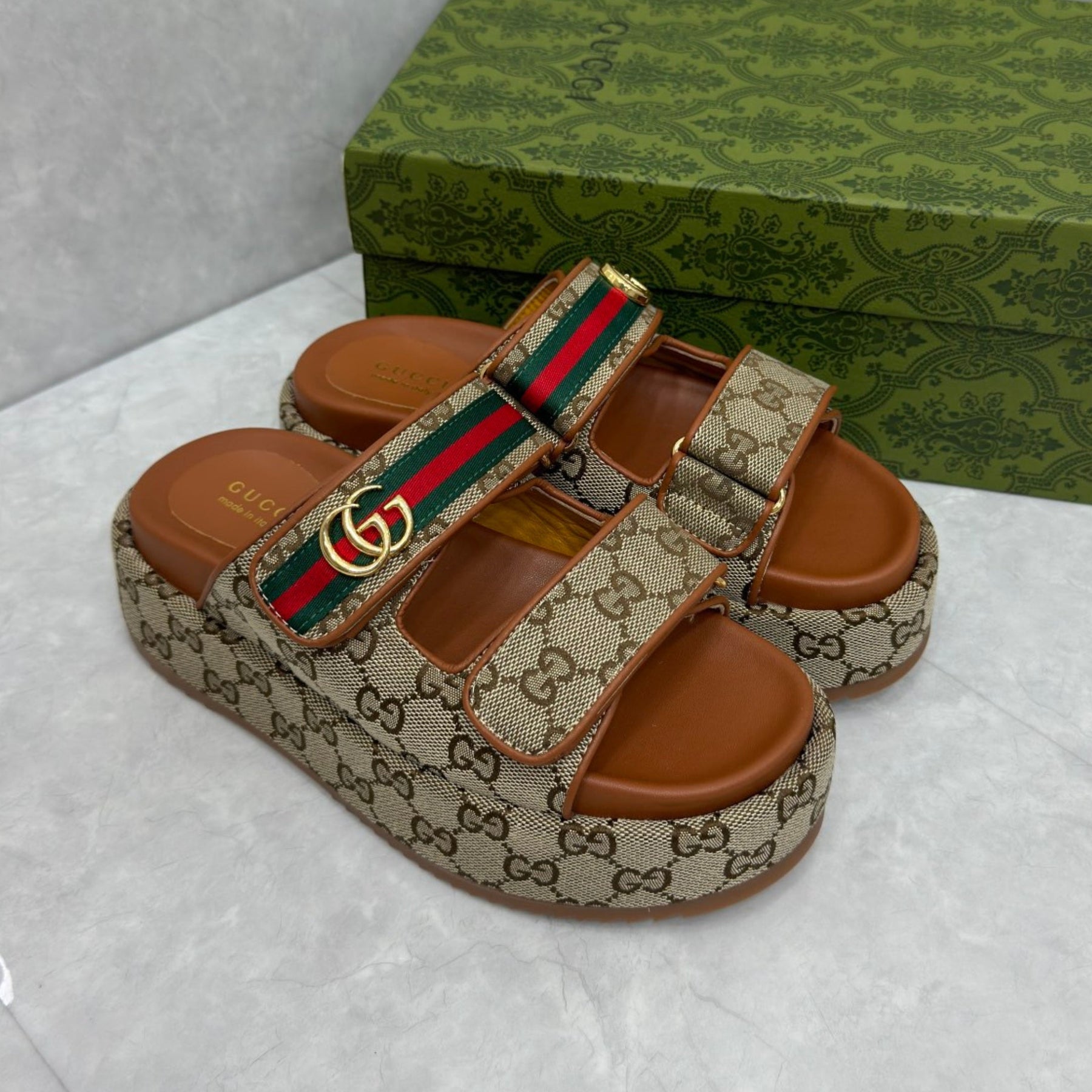 GG Platform Slider Sandal with Double Beige and Brown