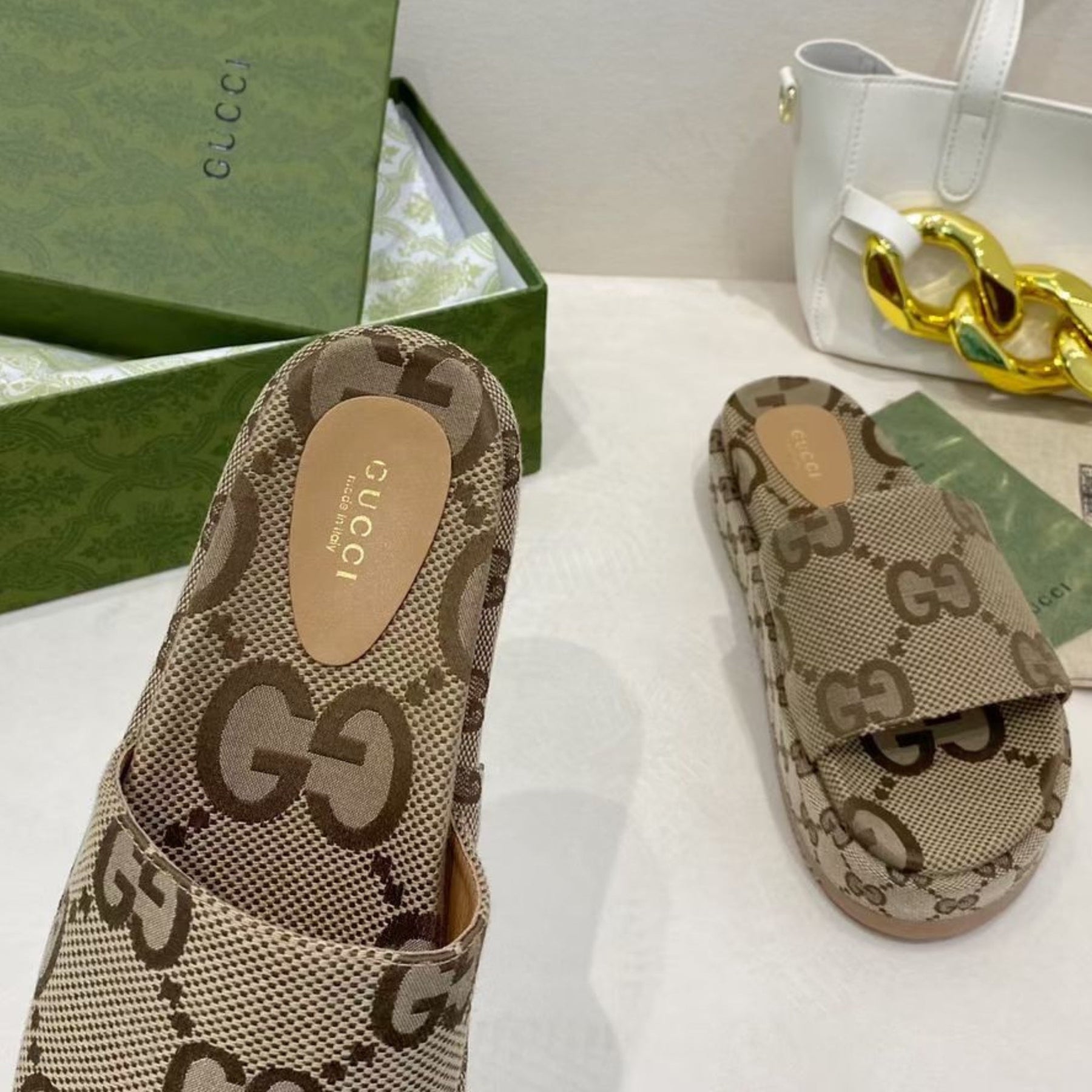 GG Platform Slider Sandal with Beige Print