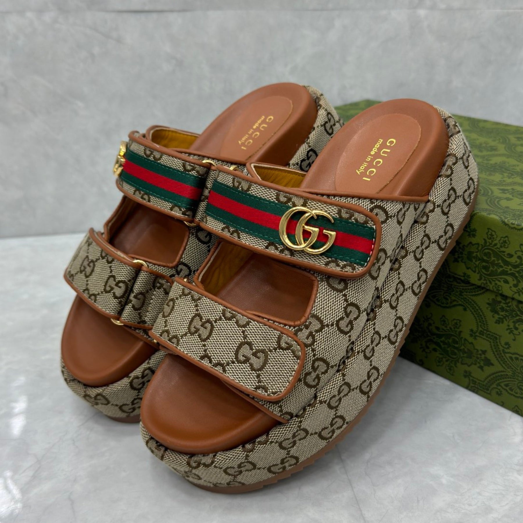GG Platform Slider Sandal with Double Beige and Brown