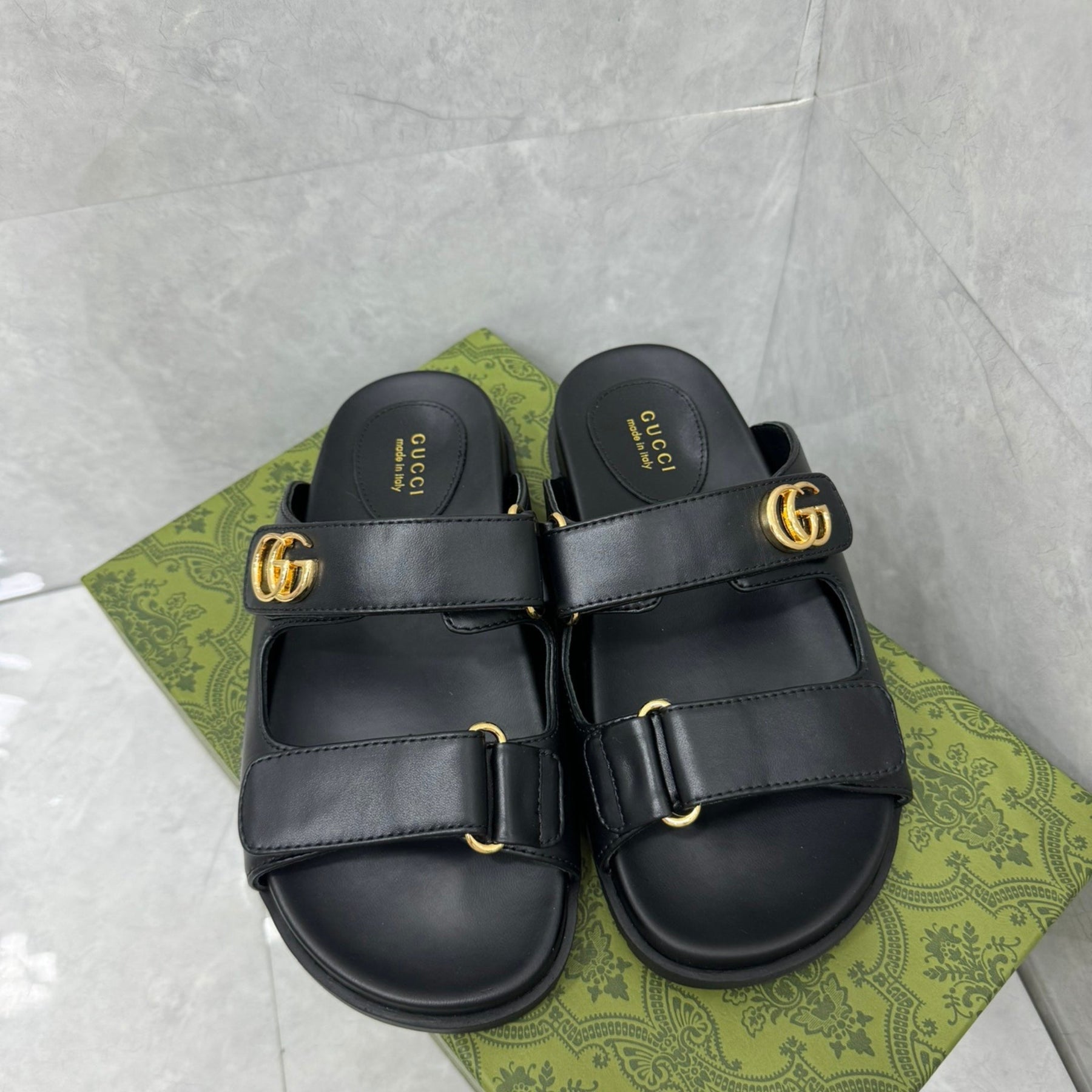 GG Slider Sandal with Double Black Leather