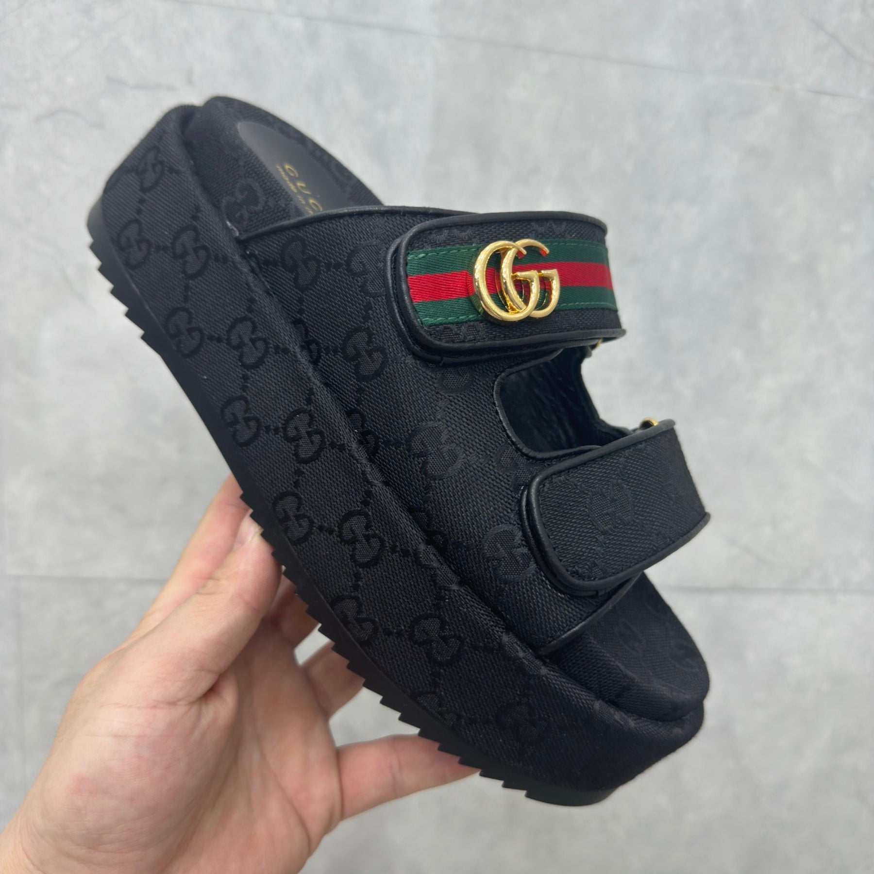 GG Platform Slider Sandal with Double in Black and Stripe