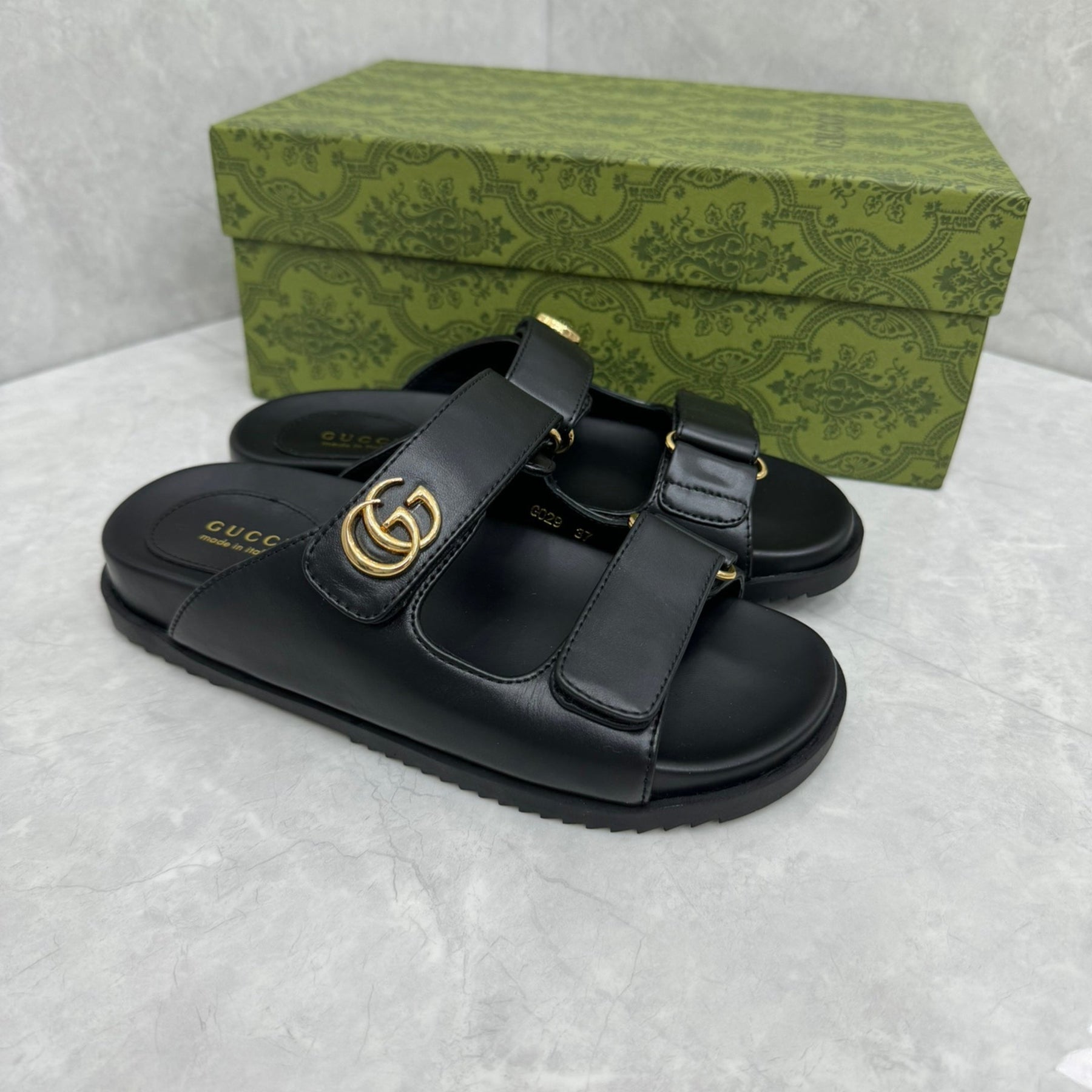 GG Slider Sandal with Double Black Leather