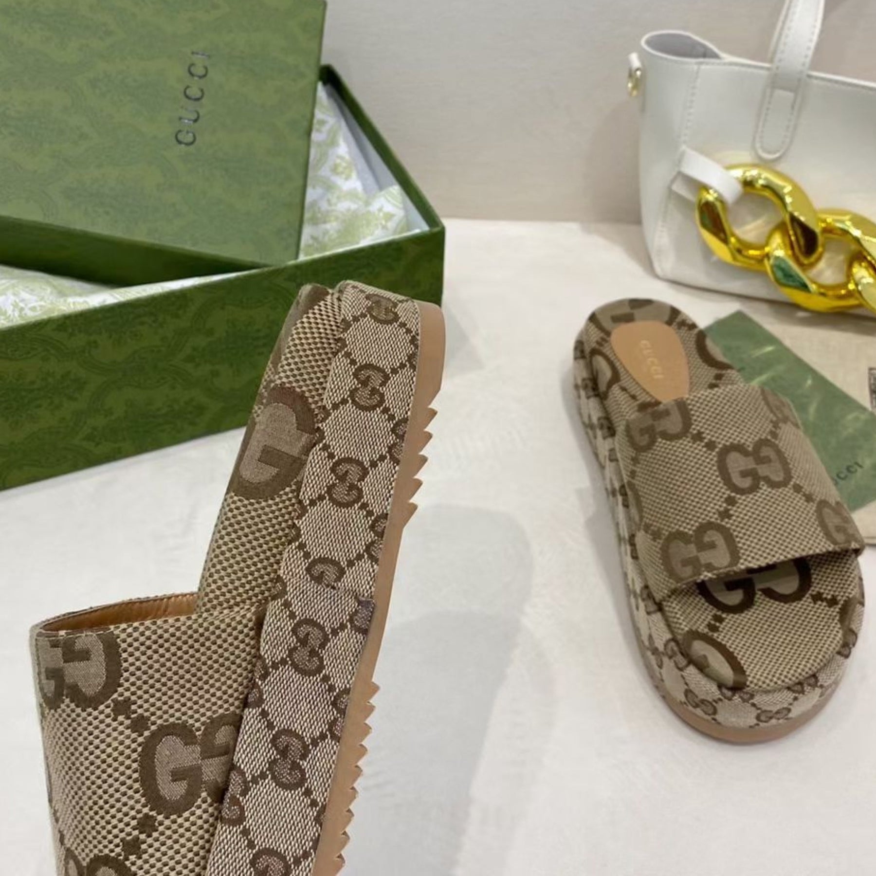 GG Platform Slider Sandal with Beige Print