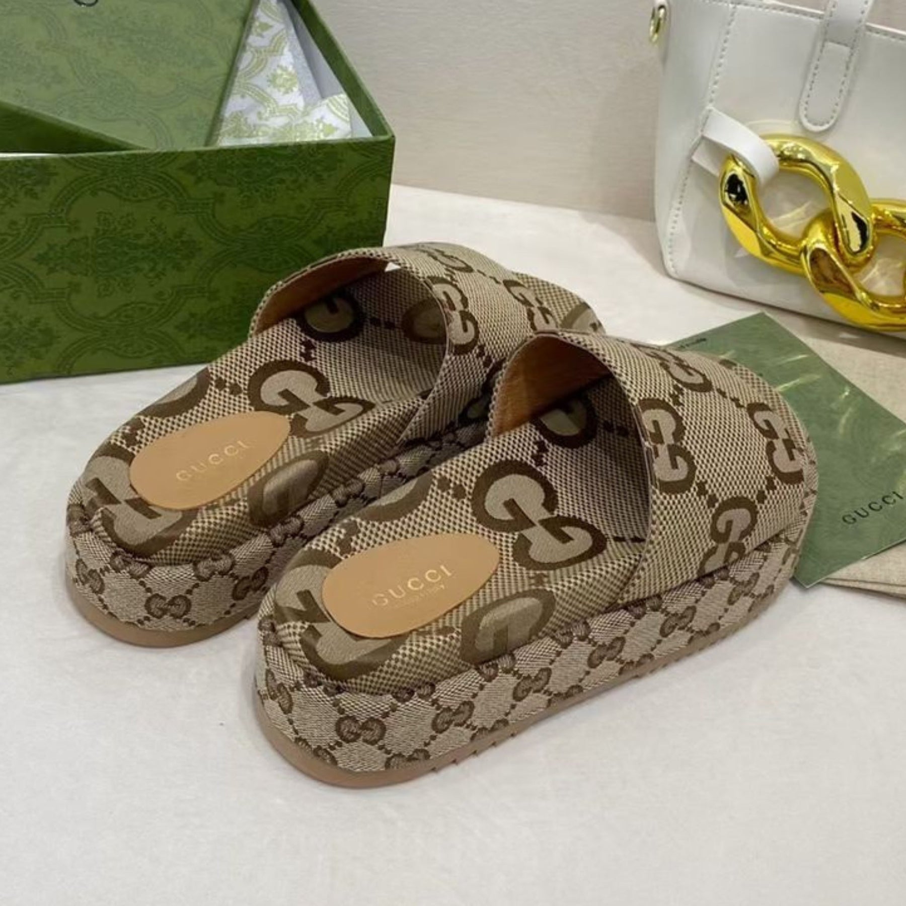 GG Platform Slider Sandal with Beige Print