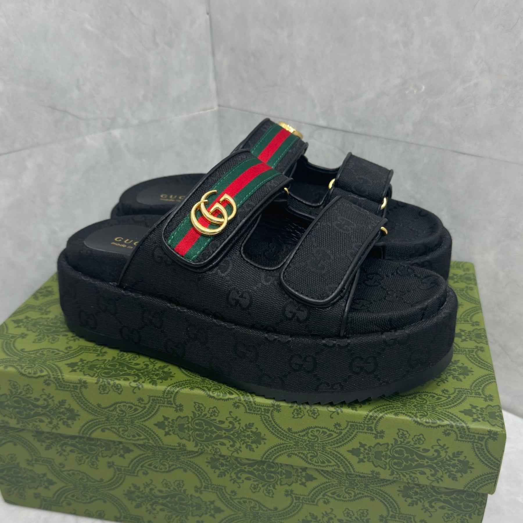 GG Platform Slider Sandal with Double in Black and Stripe
