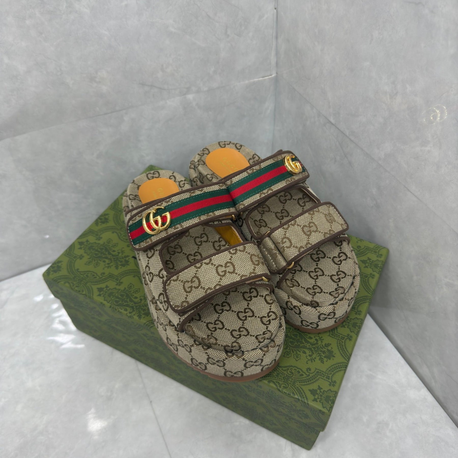 GG Platform Slider Sandal with Double Beige