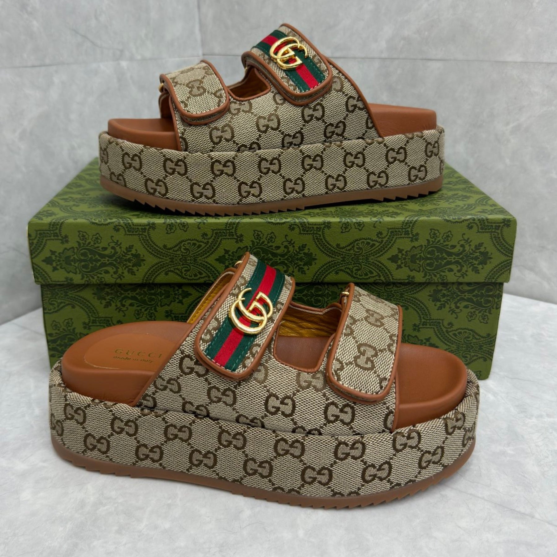 GG Platform Slider Sandal with Double Beige and Brown