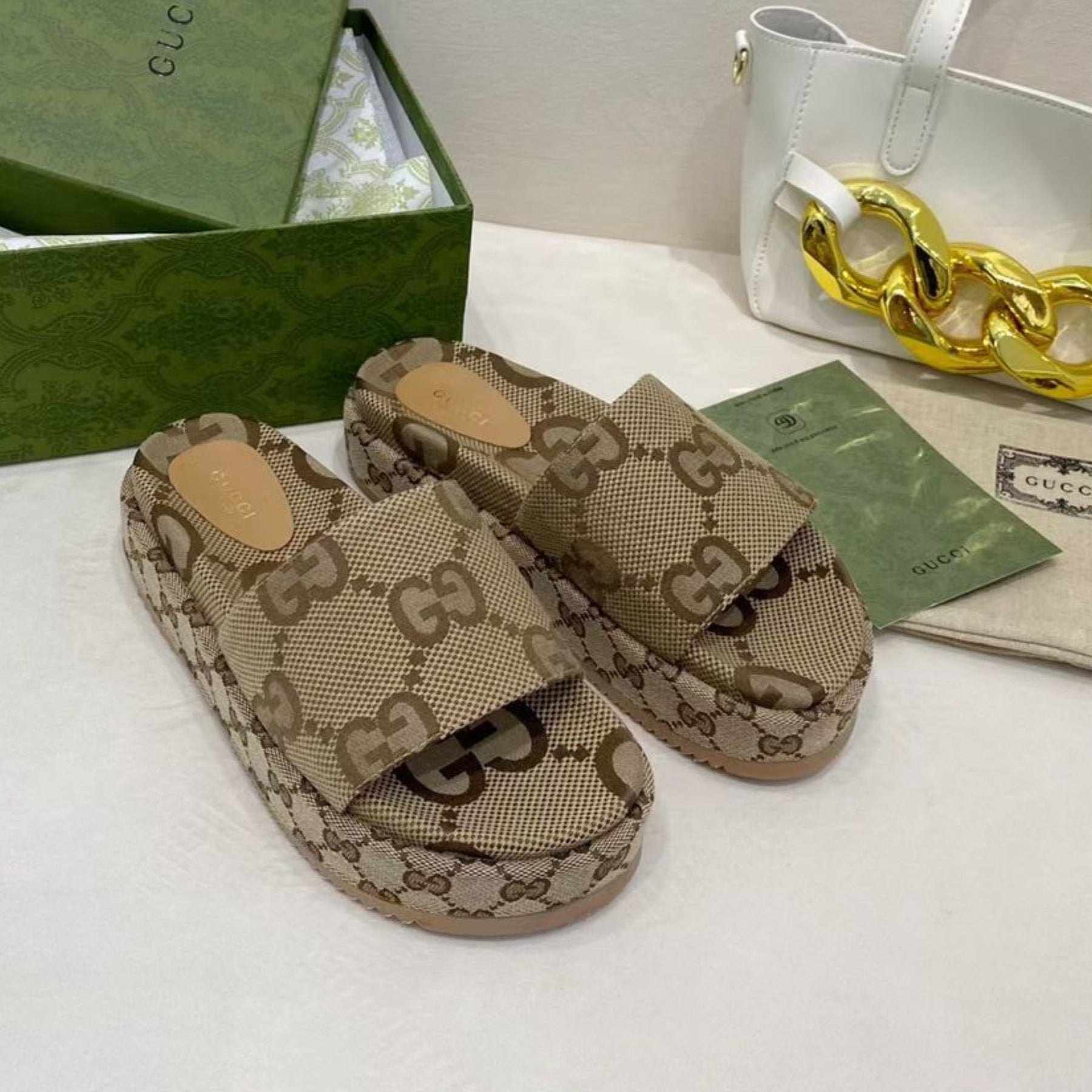 GG Platform Slider Sandal with Beige Print