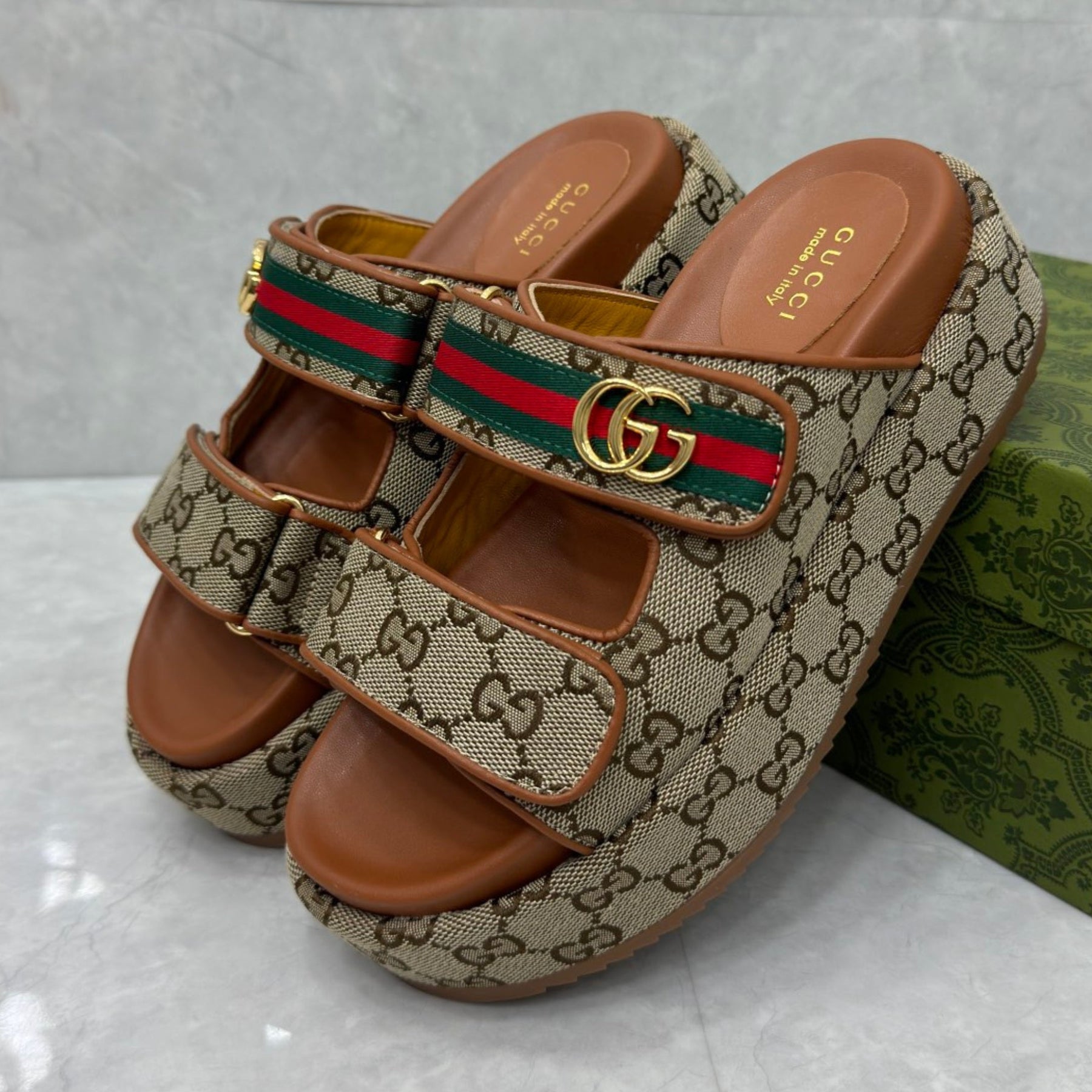 GG Platform Slider Sandal with Double Beige and Brown