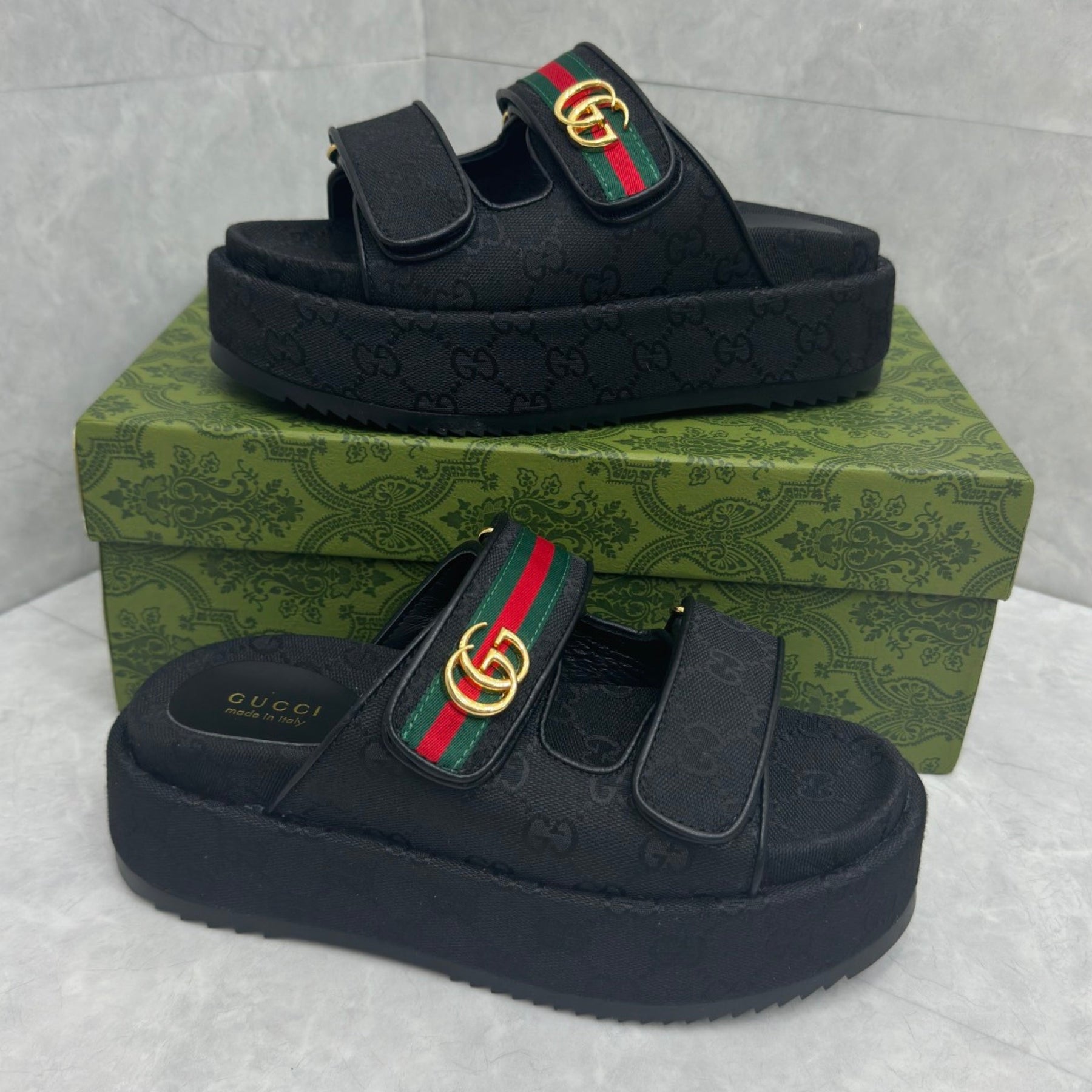 GG Platform Slider Sandal with Double in Black and Stripe