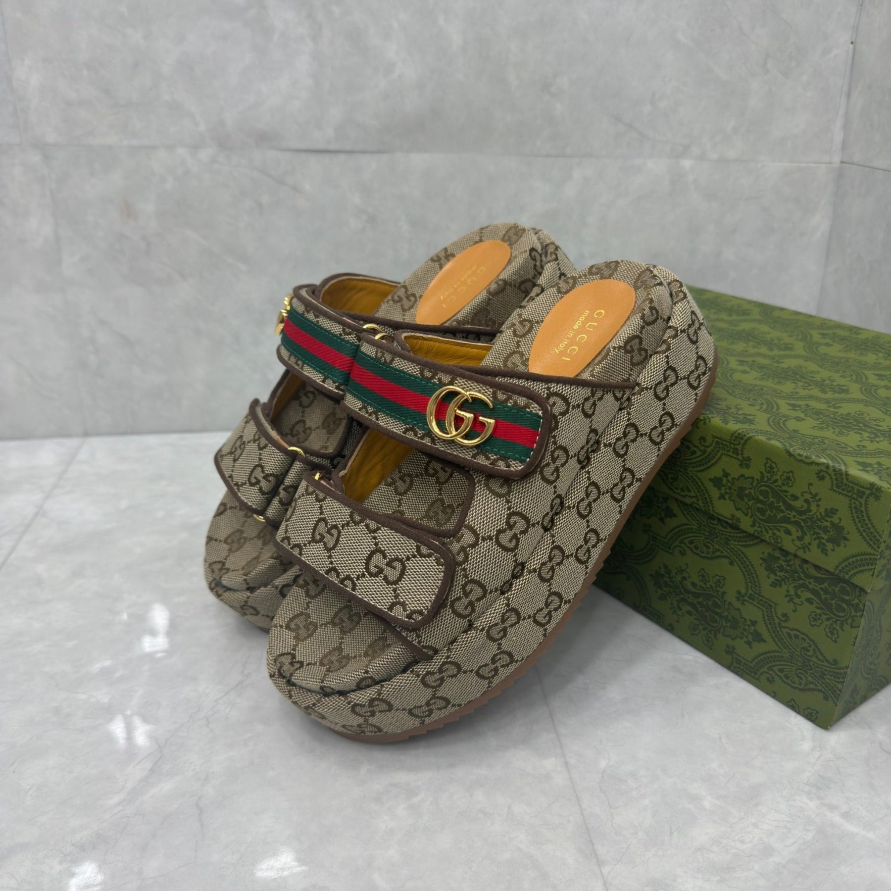 GG Platform Slider Sandal with Double Beige