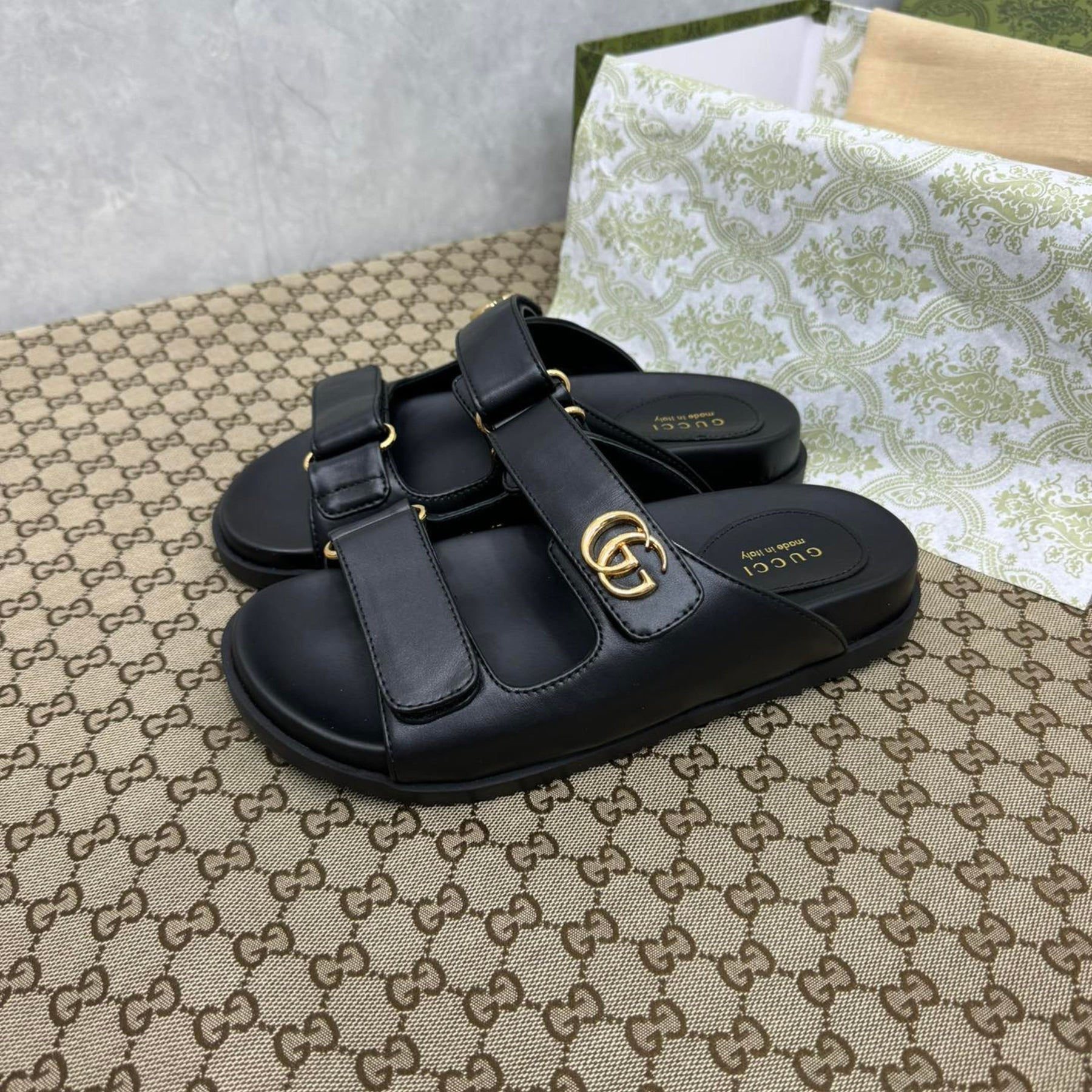 GG Slider Sandal with Double Black Leather