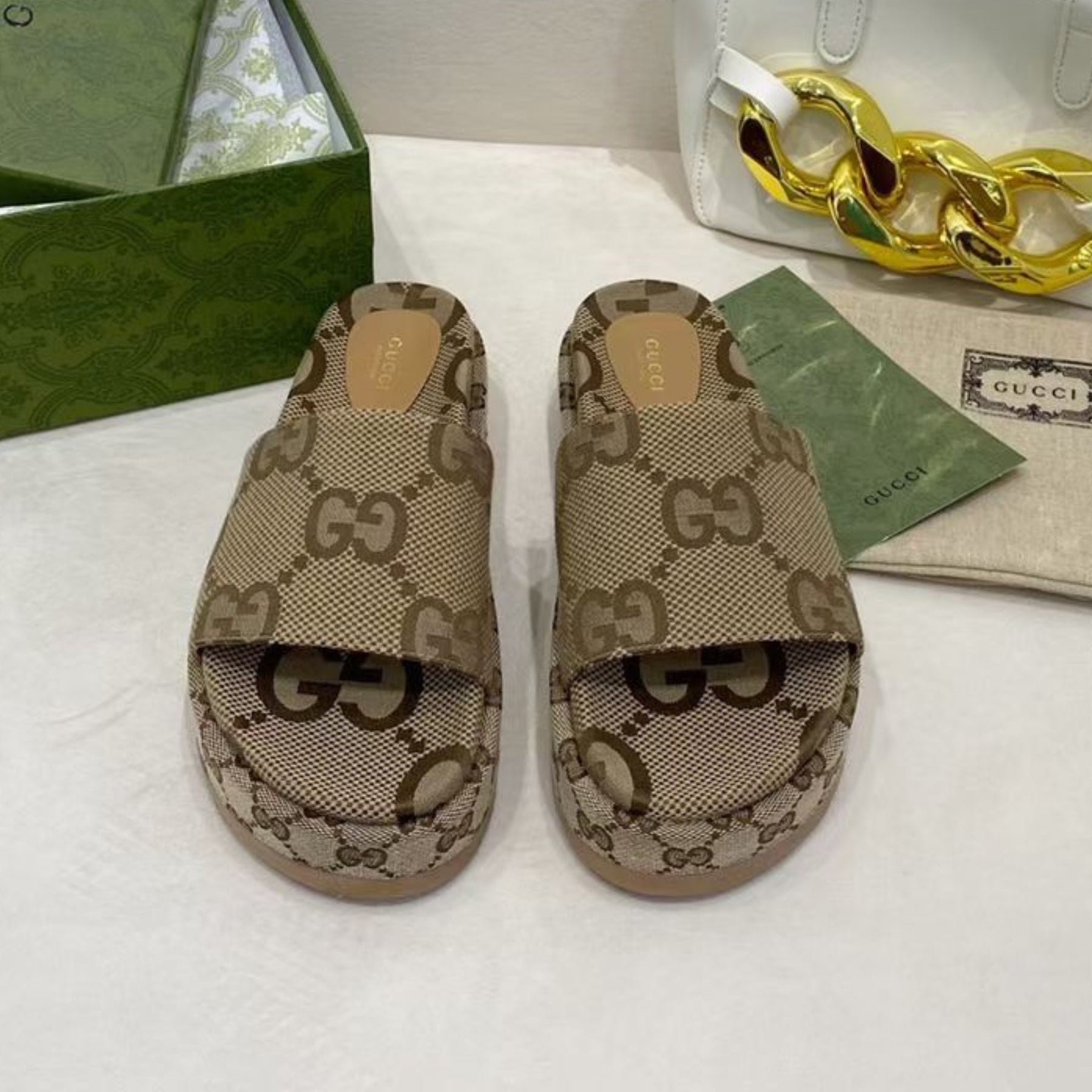 GG Platform Slider Sandal with Beige Print