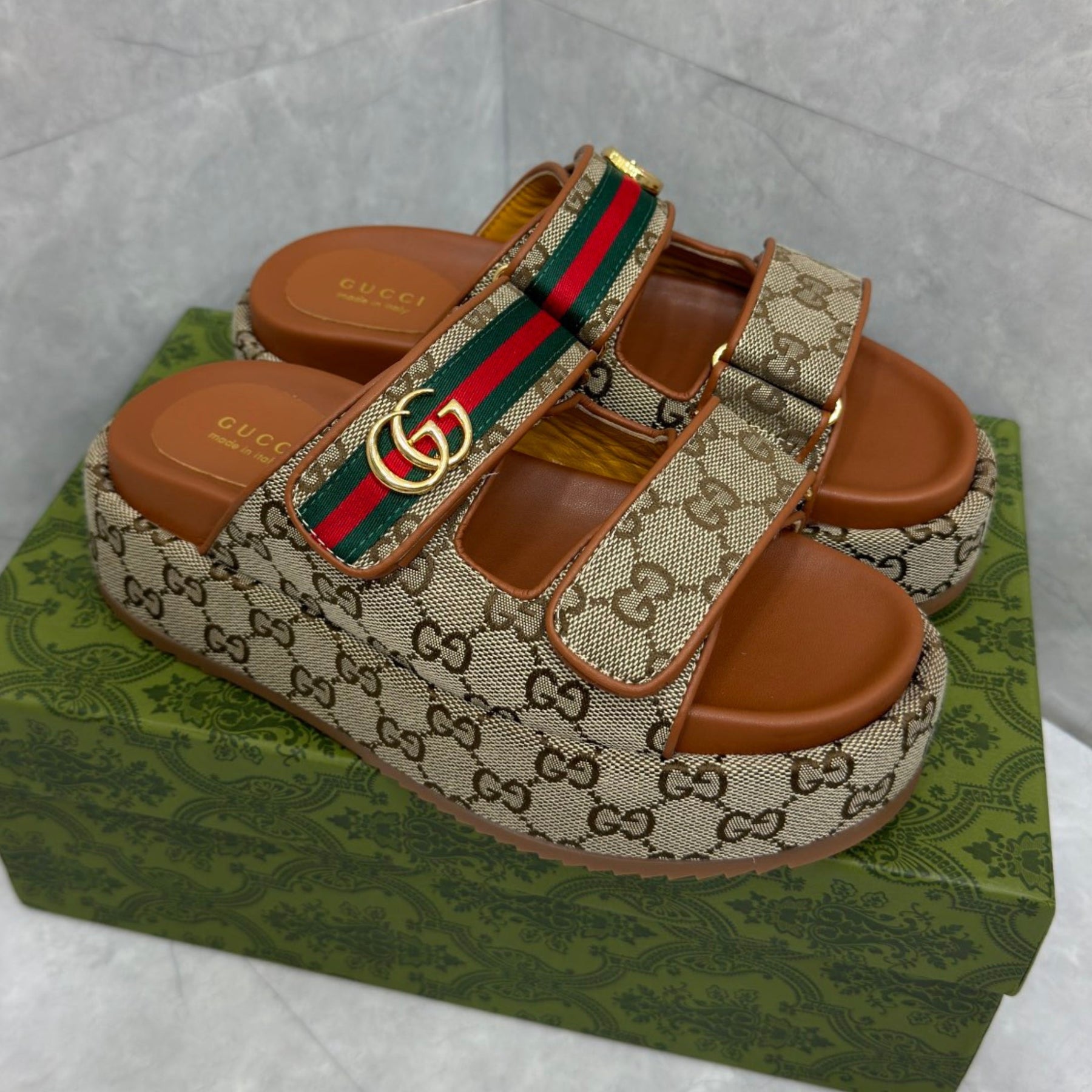 GG Platform Slider Sandal with Double Beige and Brown