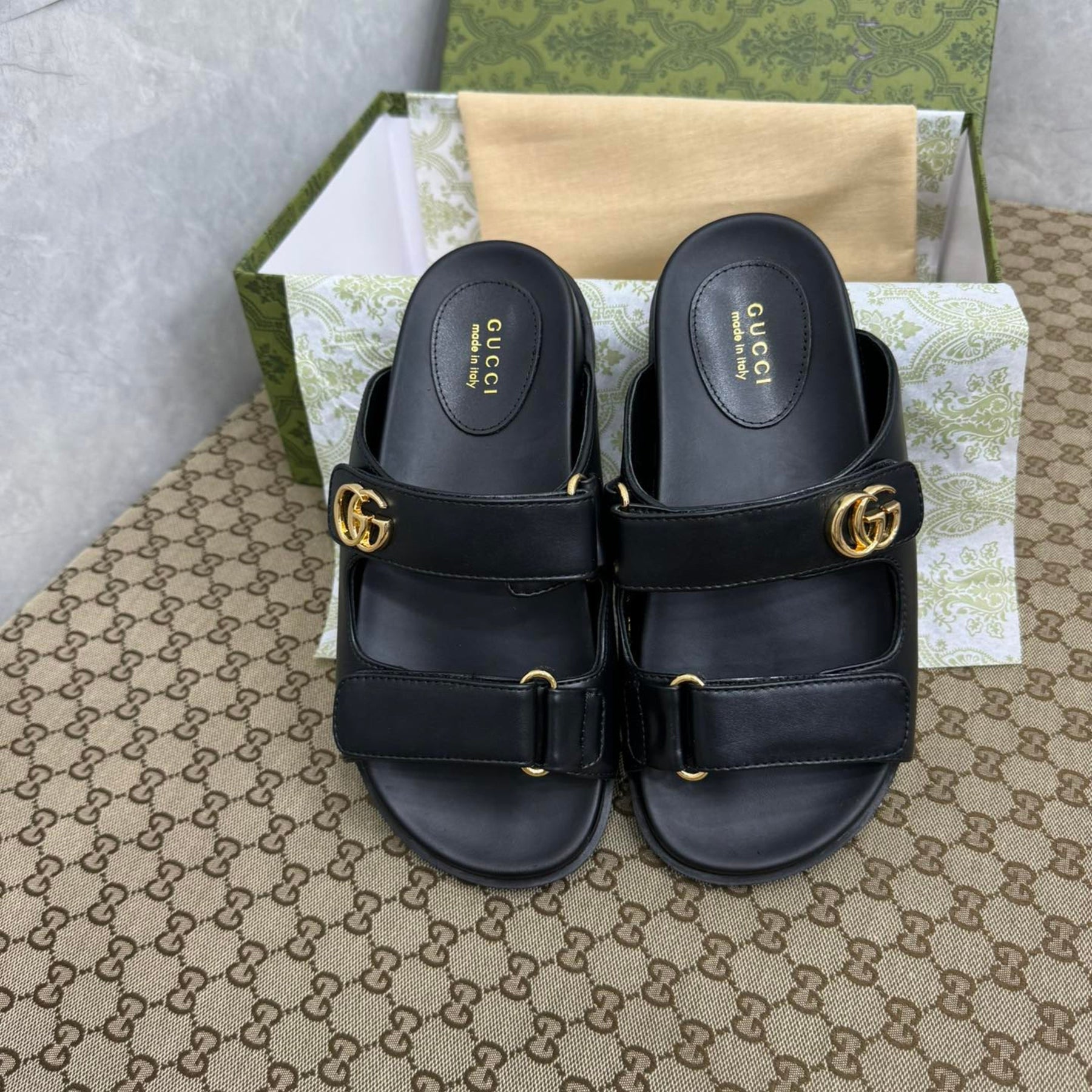 GG Slider Sandal with Double Black Leather