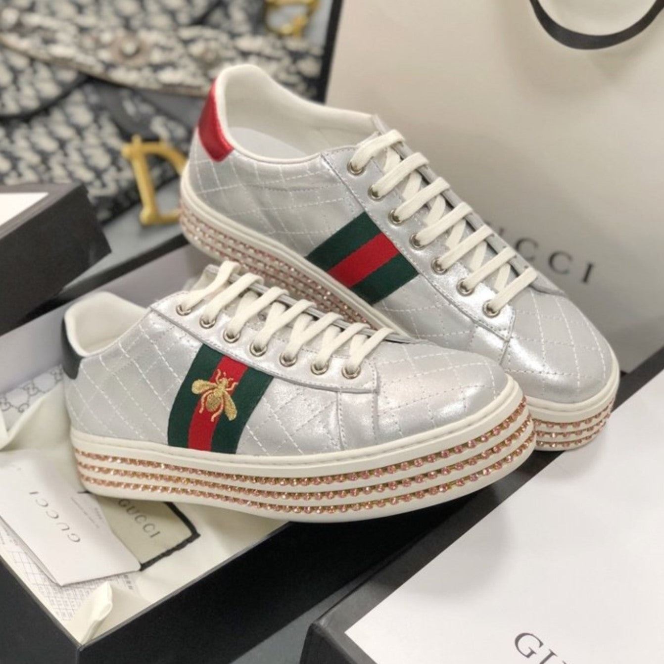 GG Silver Leather Web Ace Crystal Embellished Bee Platform Sneakers