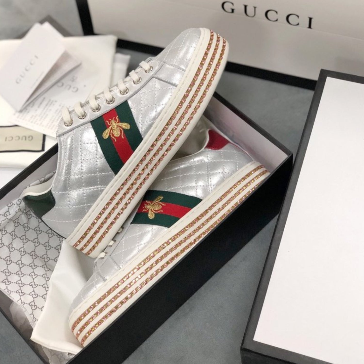 GG Silver Leather Web Ace Crystal Embellished Bee Platform Sneakers