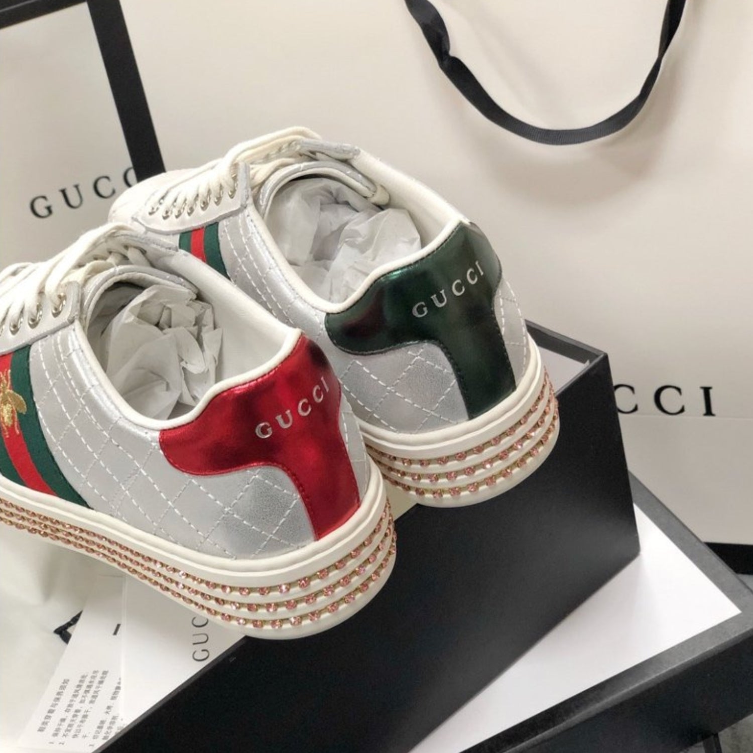 GG Silver Leather Web Ace Crystal Embellished Bee Platform Sneakers