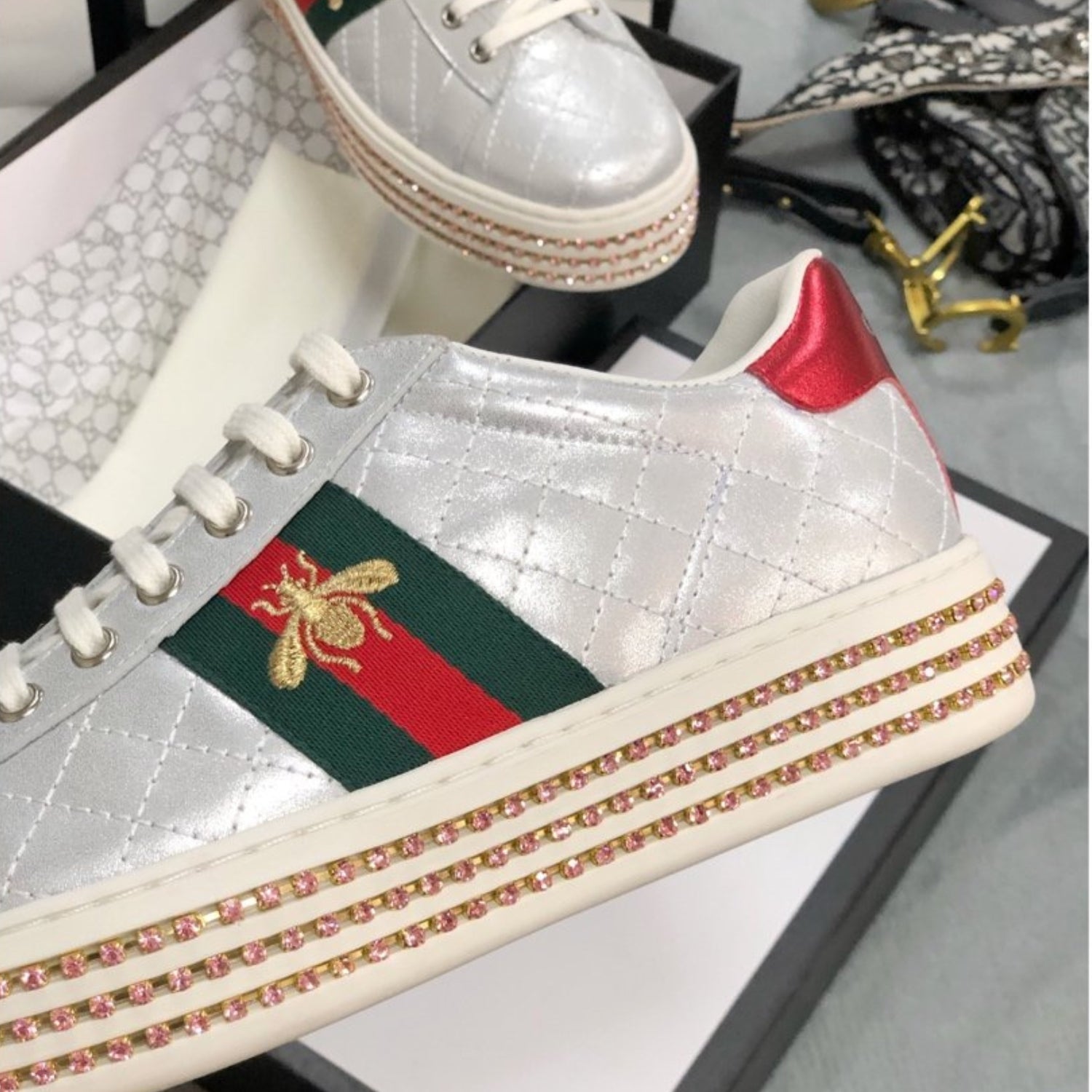 GG Silver Leather Web Ace Crystal Embellished Bee Platform Sneakers