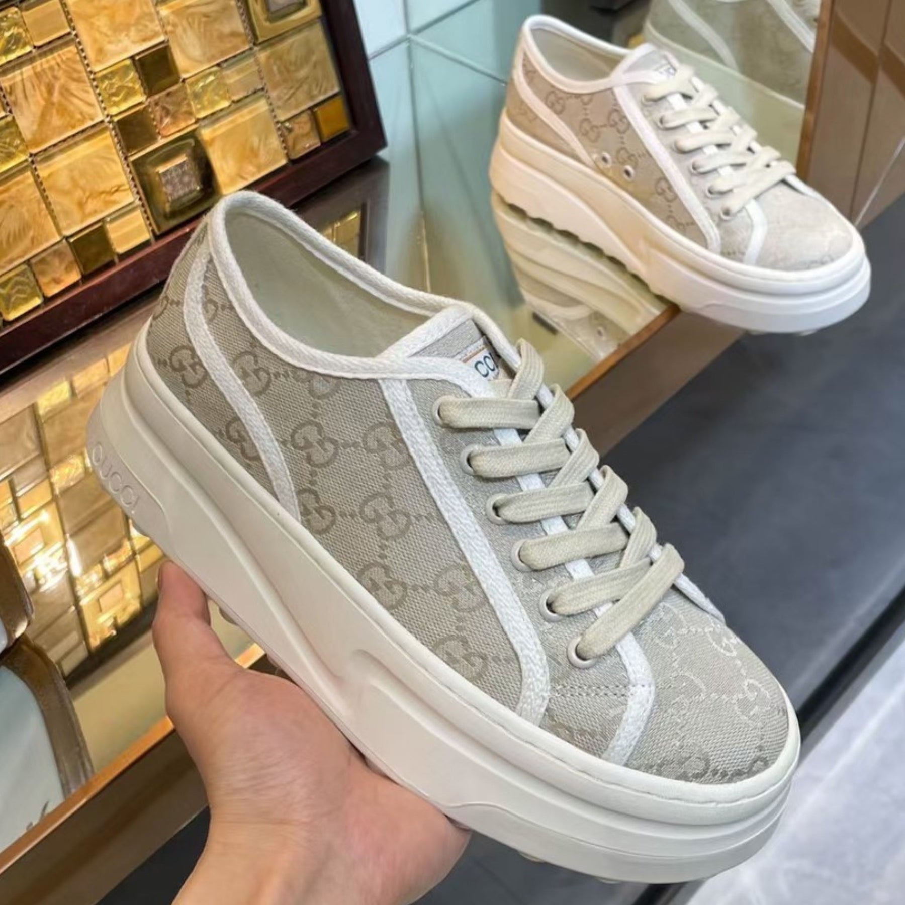 GG Canvas Sneakers with Gray and White Details