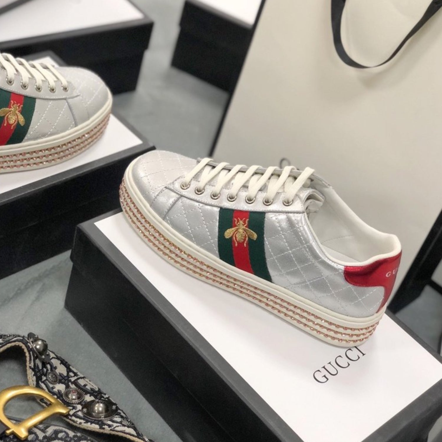 GG Silver Leather Web Ace Crystal Embellished Bee Platform Sneakers