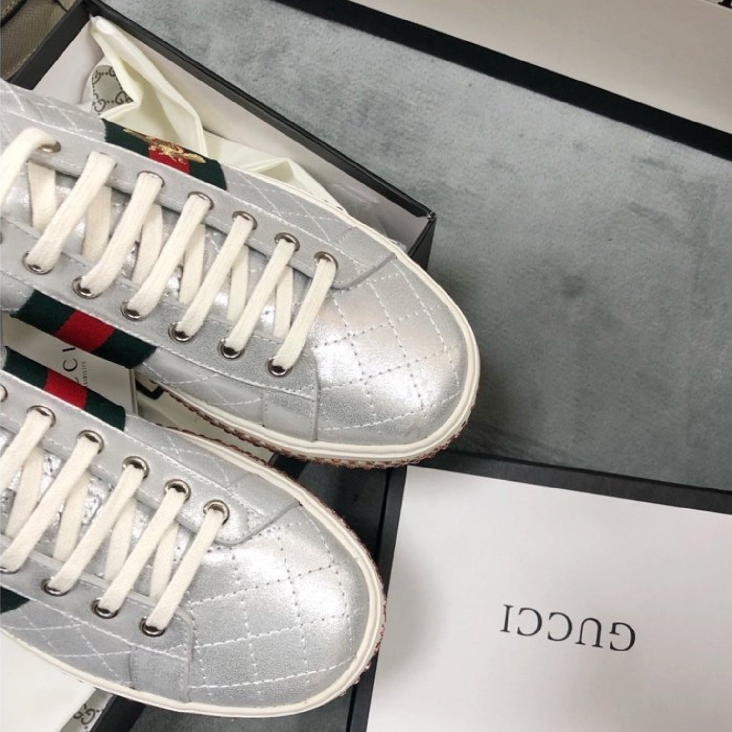 GG Silver Leather Web Ace Crystal Embellished Bee Platform Sneakers