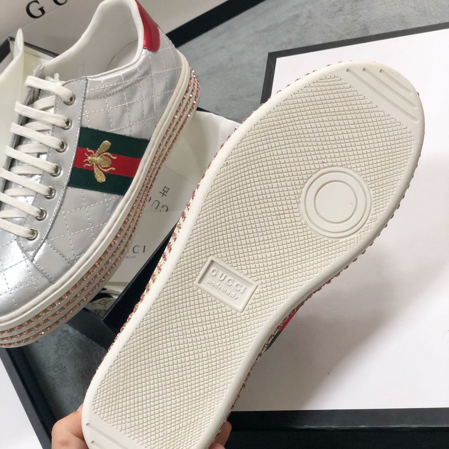 GG Silver Leather Web Ace Crystal Embellished Bee Platform Sneakers