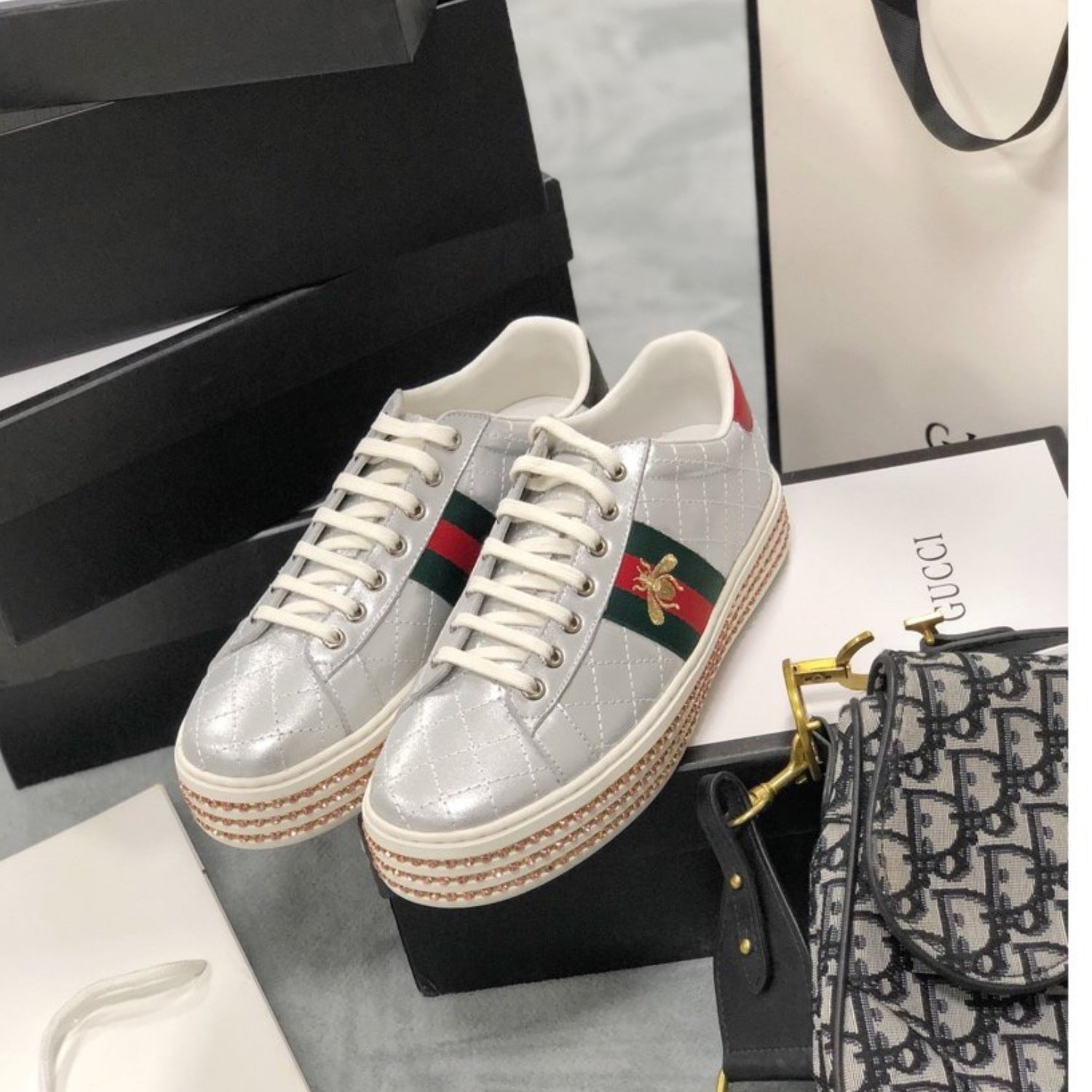 GG Silver Leather Web Ace Crystal Embellished Bee Platform Sneakers