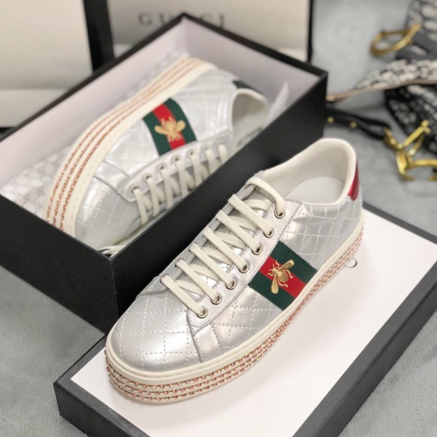 GG Silver Leather Web Ace Crystal Embellished Bee Platform Sneakers