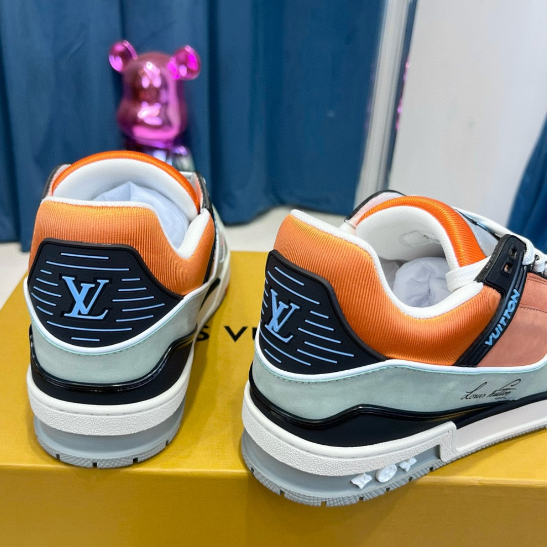 Gray and Orange LV Trainer Sneakers