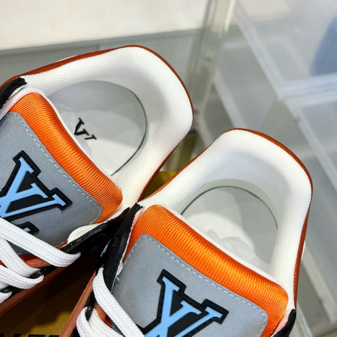 Gray and Orange LV Trainer Sneakers