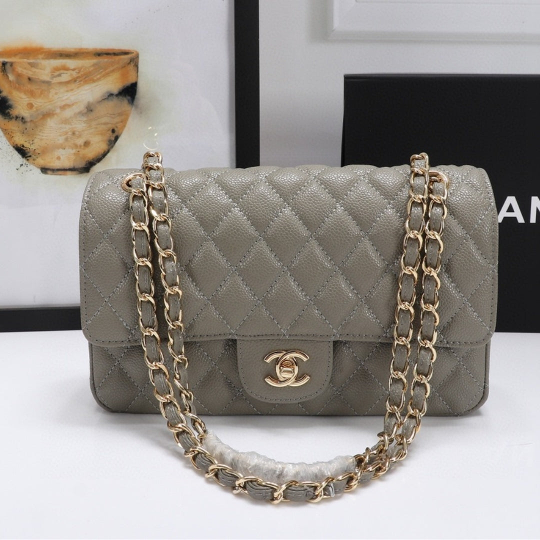 CHN Classic Bag, Military Gray with Gold Details, 25cm