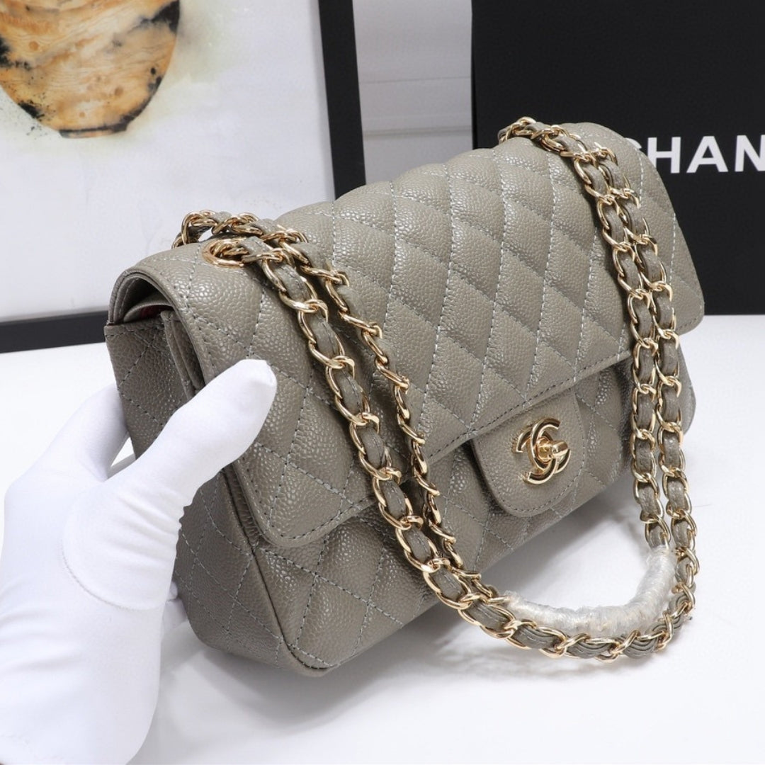 CHN Classic Bag, Military Gray with Gold Details, 25cm